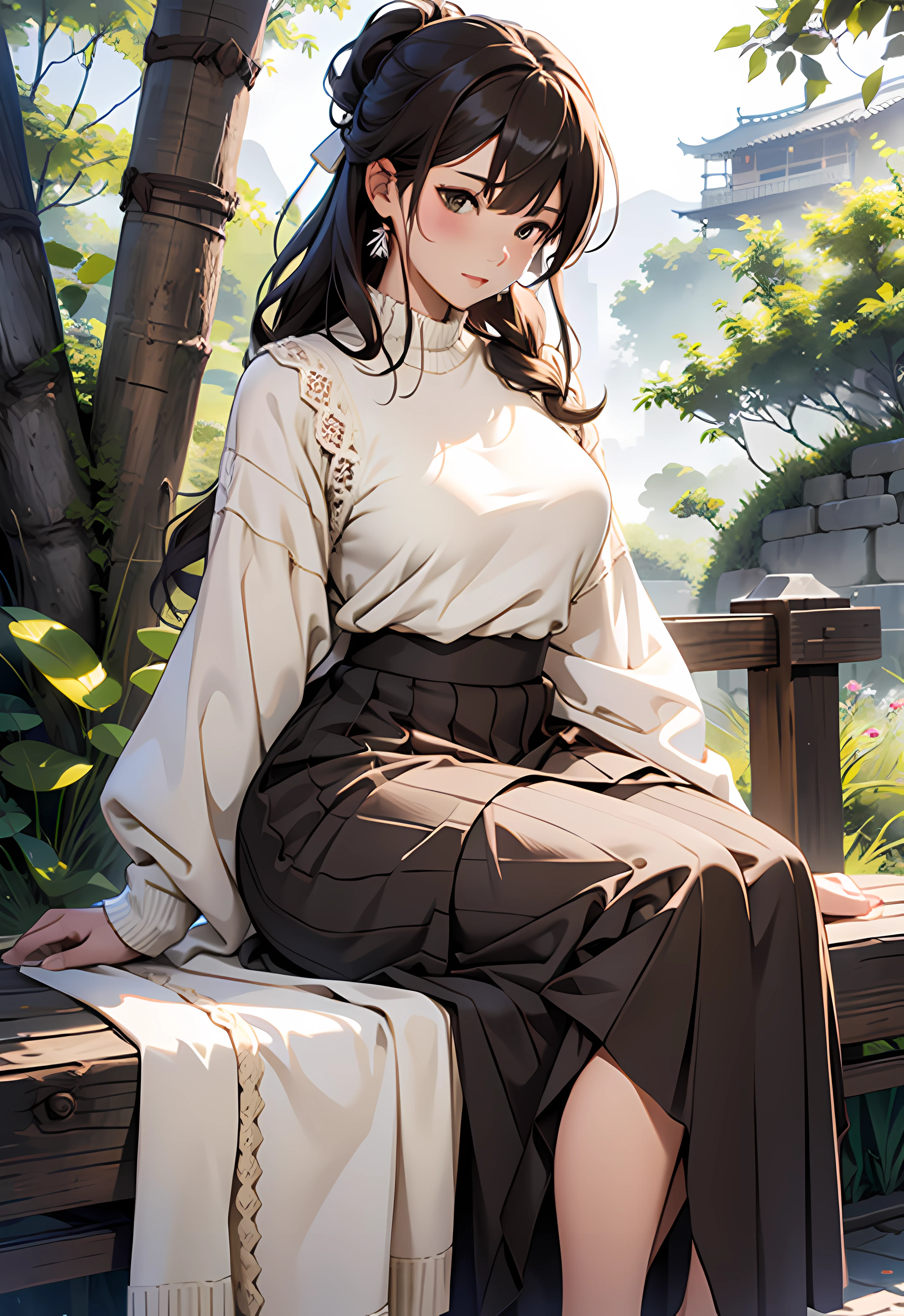 1lady、独奏、The upper part of the body、rcasual、Natural Fabric、Sit up、knit、Lace Long Skirt、knit、Brownish