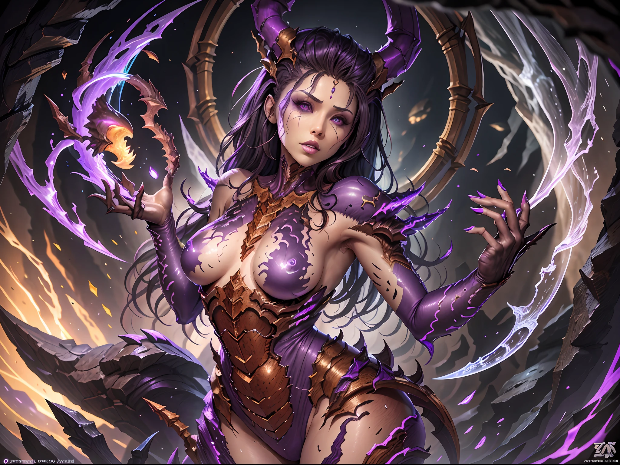 Una mujer con piernas largas y garras parada frente a un fondo azul, Personaje del videojuego Starcraft 2, Desde Starcraft, Zerg Starcraft, Diosa oscura con seis brazos, zerg, female alien, La cuarta raza de StarCraft 2, Heroes of the Storm, Arte conceptual de Blizzard, Aracne, Alexstrasza, alien queen, Artgerm extremadamente detallado, Purple-skinned woman in a cave (muy oscura: 1.3), cuerpo completo, alto detalle, foco nítido, realista, pose lasciva, texturas, ultra realista