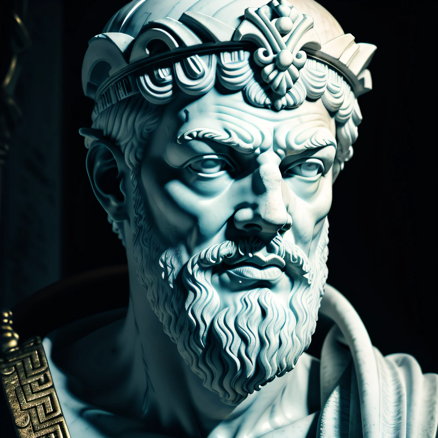 A realistic close-up Greek white marble statue of Socrates wearing a ghostly toga, fundo neutro, Moody, , fotorrealista, cinematographic scene, super detalhada, hiper realista, luzes brilhantes, NEON AO FUNDO 8 K