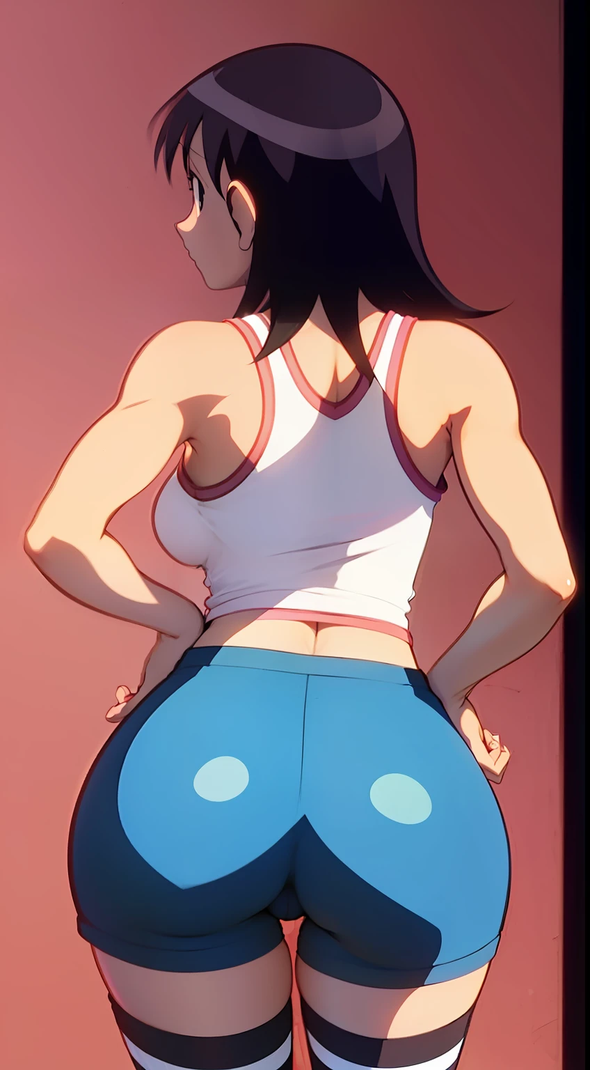 Tomo Takino, Azumanga daioh, black hair, messy hair, tank top, striped biker shorts, black socks, shoes, breasts, Wallpaper, Close-Up, back of view, standing up, checking out her butt, ass view, smirking, hands on her waist, tight ass cheeks, pantyline,