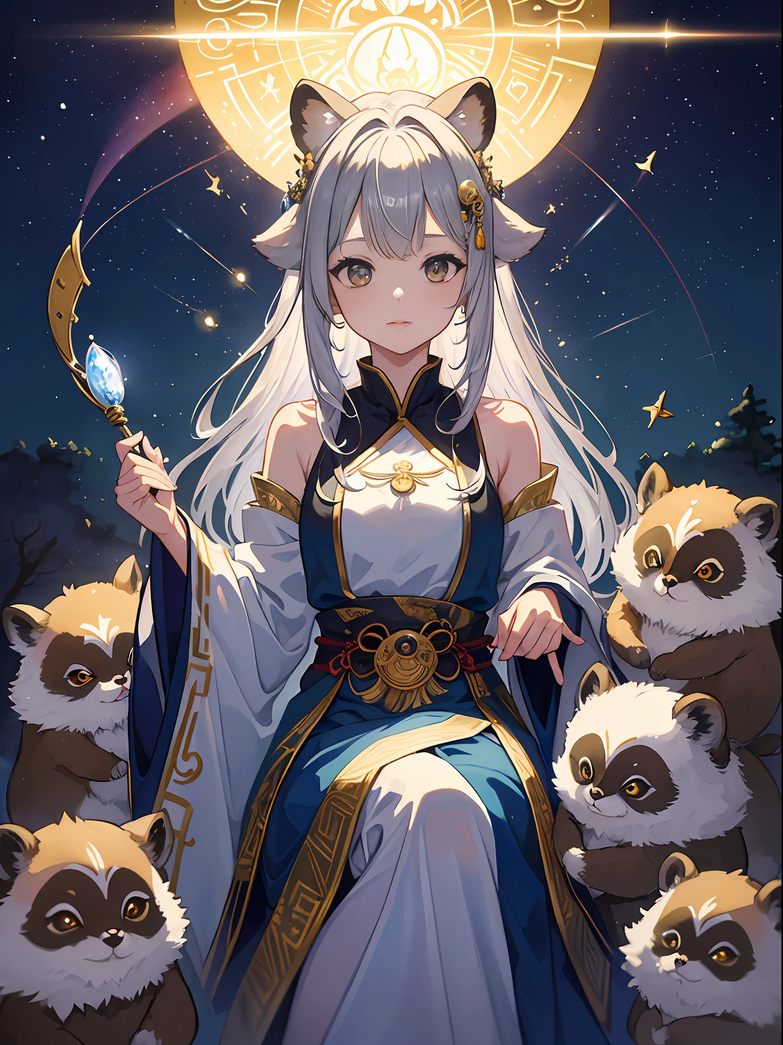 ((4K、masterpiece、top-quality))、ink and watercolor painting、ink and watercolor painting、Witches、Silver eyes、Silvery hair、Traditional costumes、Tanuki ears、Tanuki tail、Beautiful light reflection、lensflare、Seasonal geometric patterns、natural、the golden ratio、sound effects、Meteor swarm