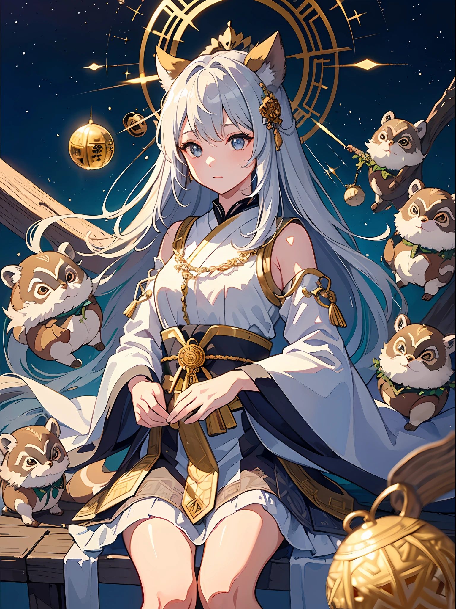 ((4K、masterpiece、top-quality))、ink and watercolor painting、ink and watercolor painting、Witches、Silver eyes、Silvery hair、Traditional costumes、Tanuki ears、Tanuki tail、Beautiful light reflection、lensflare、Seasonal geometric patterns、natural、the golden ratio、sound effects、Meteor swarm