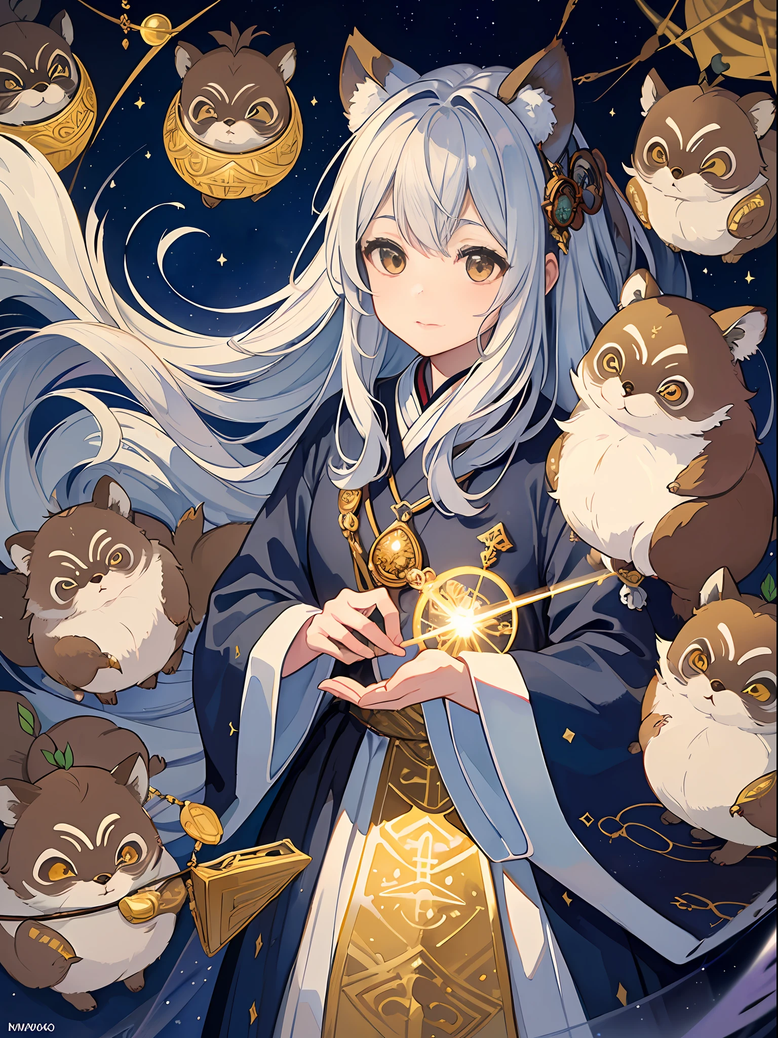 ((4K、masterpiece、top-quality))、ink and watercolor painting、ink and watercolor painting、Witches、Silver eyes、Silvery hair、Traditional costumes、Tanuki ears、Tanuki tail、Beautiful light reflection、lensflare、Seasonal geometric patterns、natural、the golden ratio、sound effects、Meteor swarm