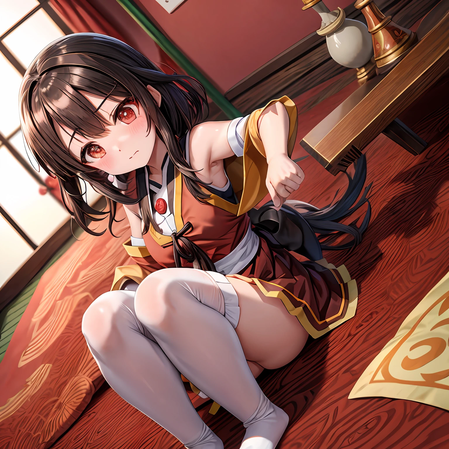 Megumin Konosuba、olhos vermelhos、quimono、blush vermelho、cabelo castanho curto, Traditional Japanese Room、Flor Kui