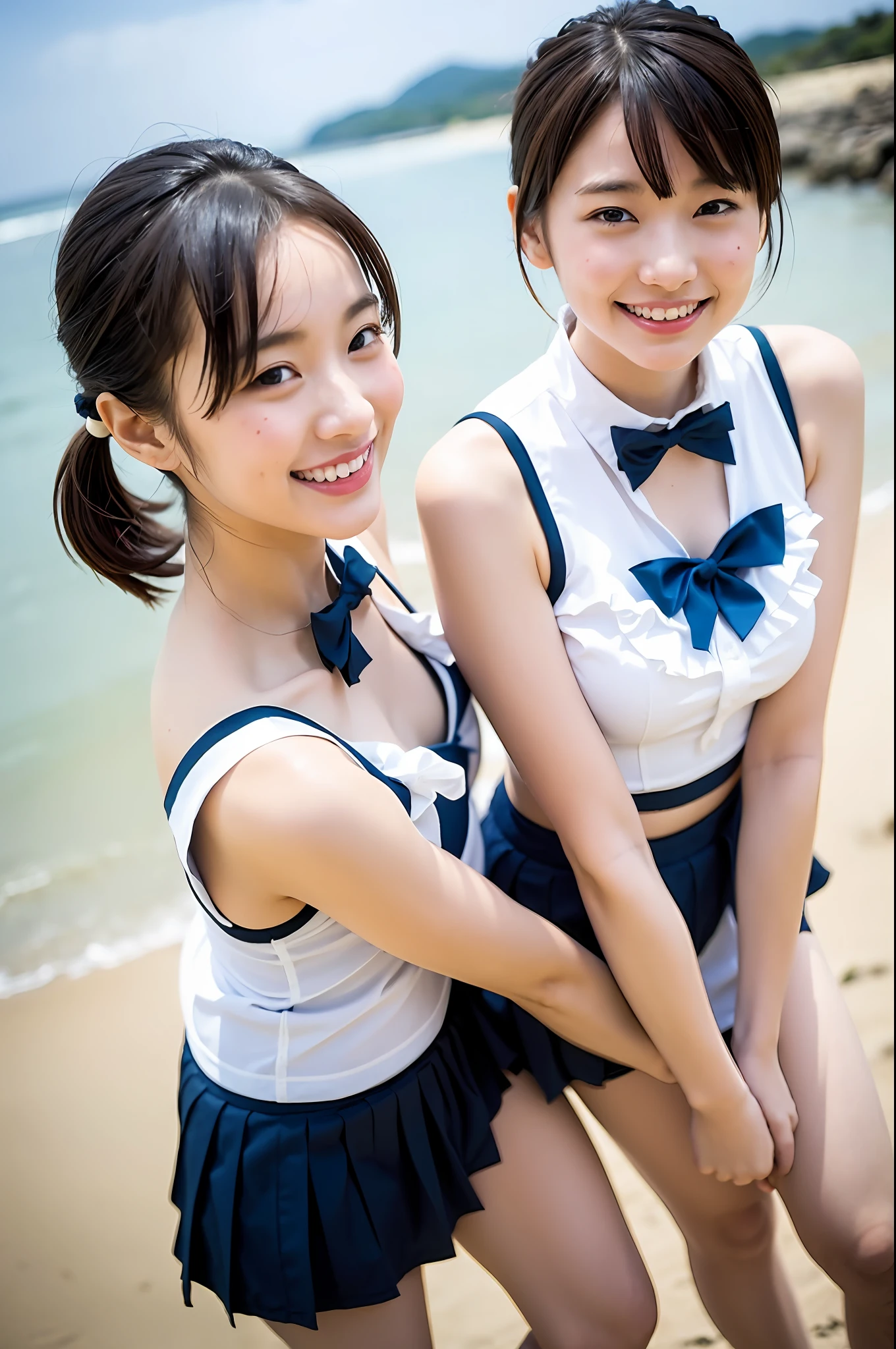 2 girls on beach,low-angle,from below,navy blue bikini-bottom with skirt-style ruffles,sleeveless white shirt,bow tie,18year old,bangs,smiles,thighs,knees,short cut hair,poneyTail