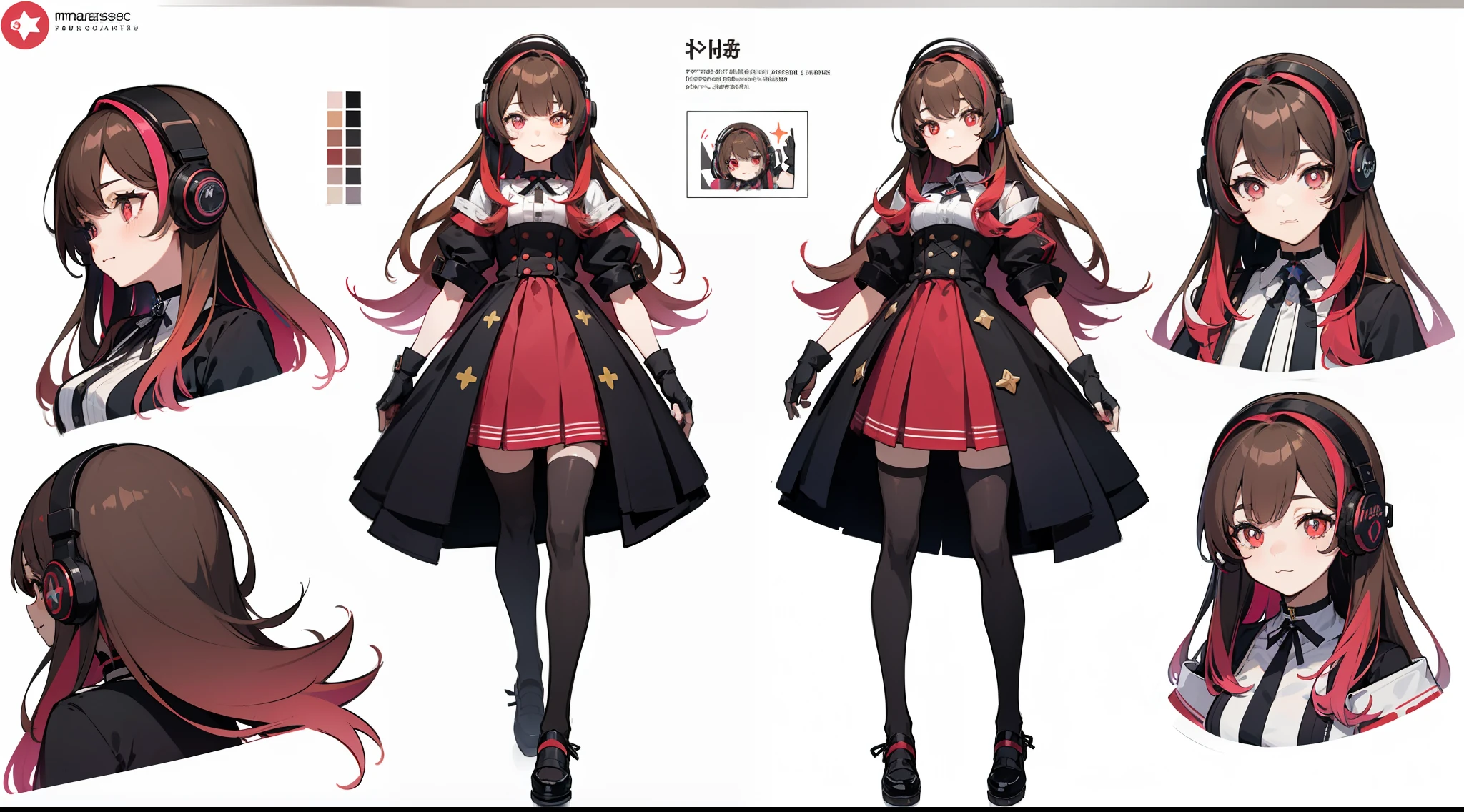 ((Masterpiece, highest quality)), detailed face, character sheet, Full body, full of details, multiple poses and expressions, highly detailed, depth, many parts, 1girl, girl in a skirt and headphones, :3, long hair, bangs, multicolored hair, two-tone hair, gradient hair, brown hair with pink tips, black crop top, red skirt, gloves, stockings, black choker, red eyes, star (symbol), symbol-shaped pupils
