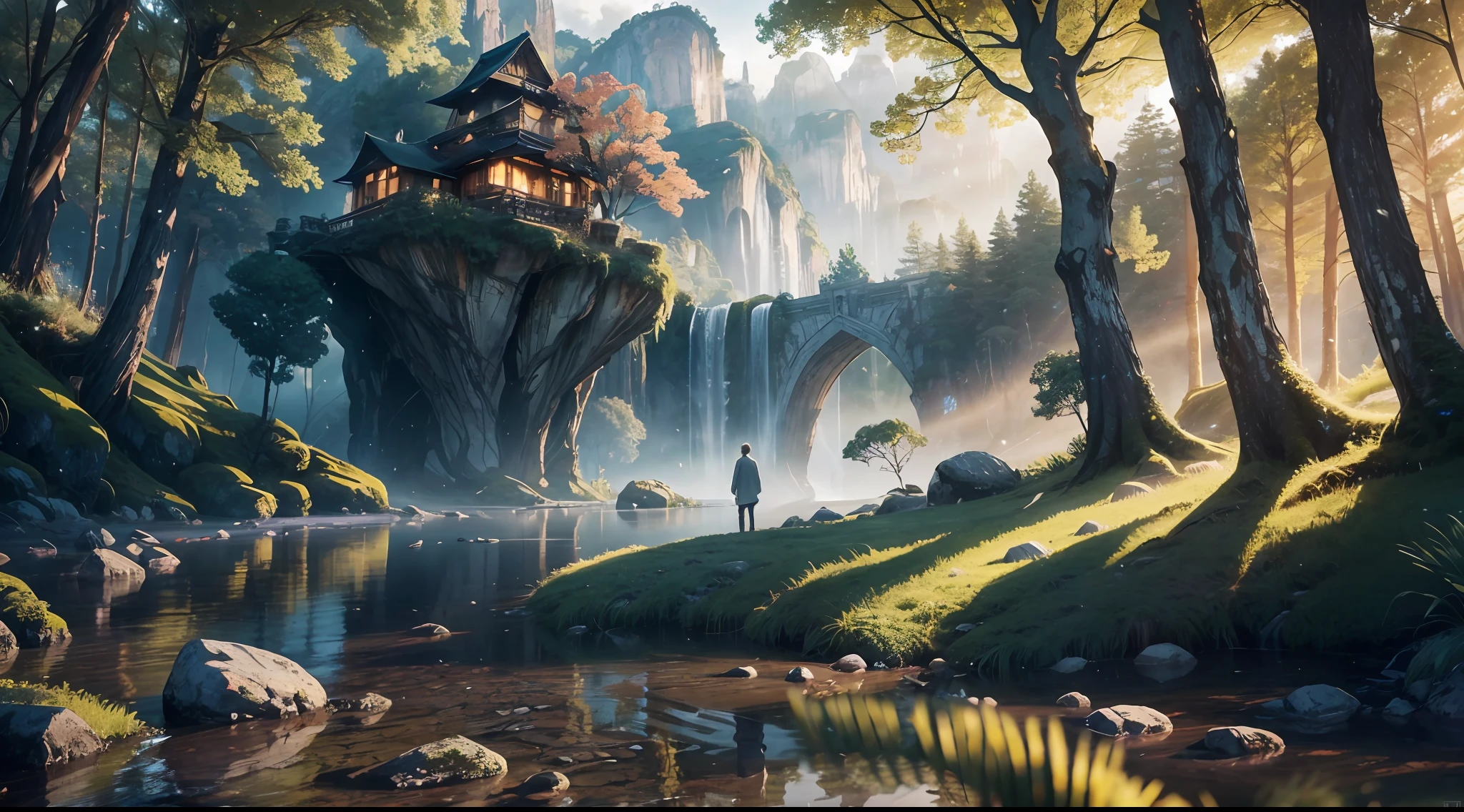 "(ultra-detailed CG unity 8k wallpaper, masterpiece, best quality, depth of field, HDR, intricate), (by Greg Rutkowski: 1.2), A mesmerizing artwork depicting a serene and enchanting natural landscape titled 'Nature Boy'. The image showcases breathtaking scenery with vibrant colors, lush greenery, and immersive depth. The composition captures the beauty of nature with exceptional attention to detail and flawless execution. The scene features a solitary figure immersed in the surroundings, exuding an aura of tranquility and harmony. The lighting effects accentuate the overall ambiance, evoking a sense of wonder and awe. This artwork is a true masterpiece that radiates a soothing and captivating atmosphere."