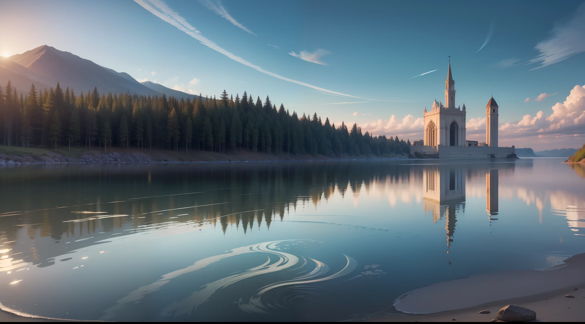 realismo extremo, obra prima, Holy Bible open on the calm waters, com uma pomba branca acima, Image of the Bible is reflected in the waters.