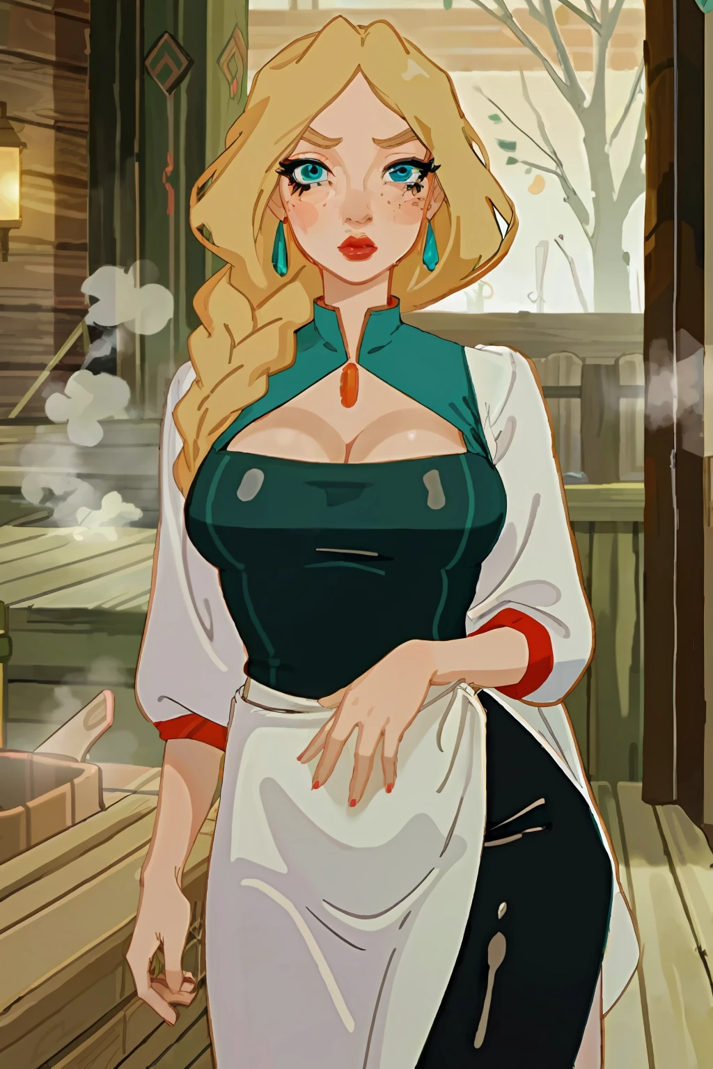 (masterpiece, best quality, 1girl:1.2, solo:1.3, illustration), nastasya, makeup, lipstick, freckles, red lips, long braid, blond hair, turquoise eyes, cowboy shot, looking at viewer, droplets of sweat, sauna, cleavage, flirting, modest, large breasts, large hips,
