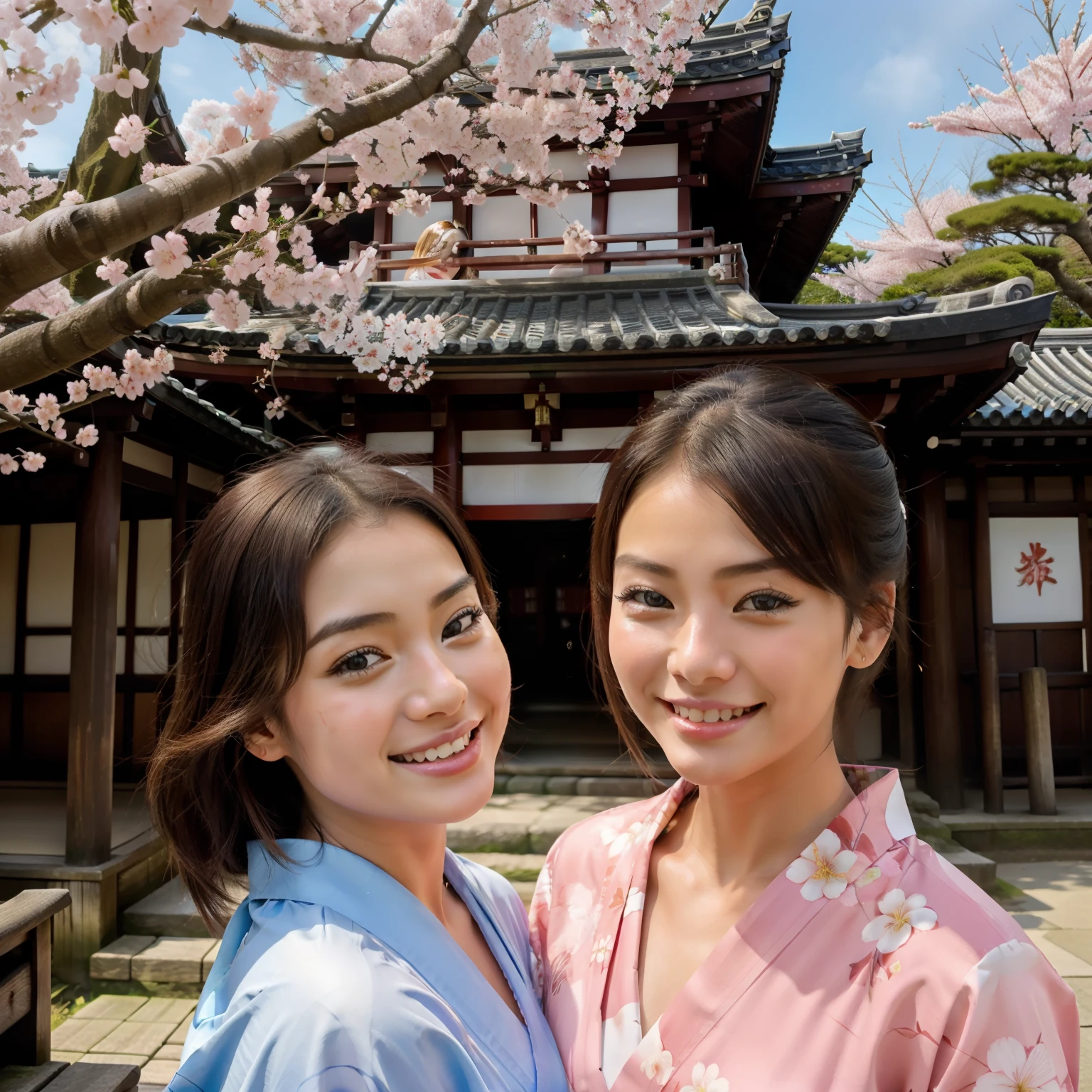 Sightseeing trips、Several women、Happy smiling face、Beautiful facial features、Eyes are double、Scene of enjoying at a shrine in Japan、Bright sunshine、Bright kimono、cherryblossom、Scenery with a Japanese atmosphere
