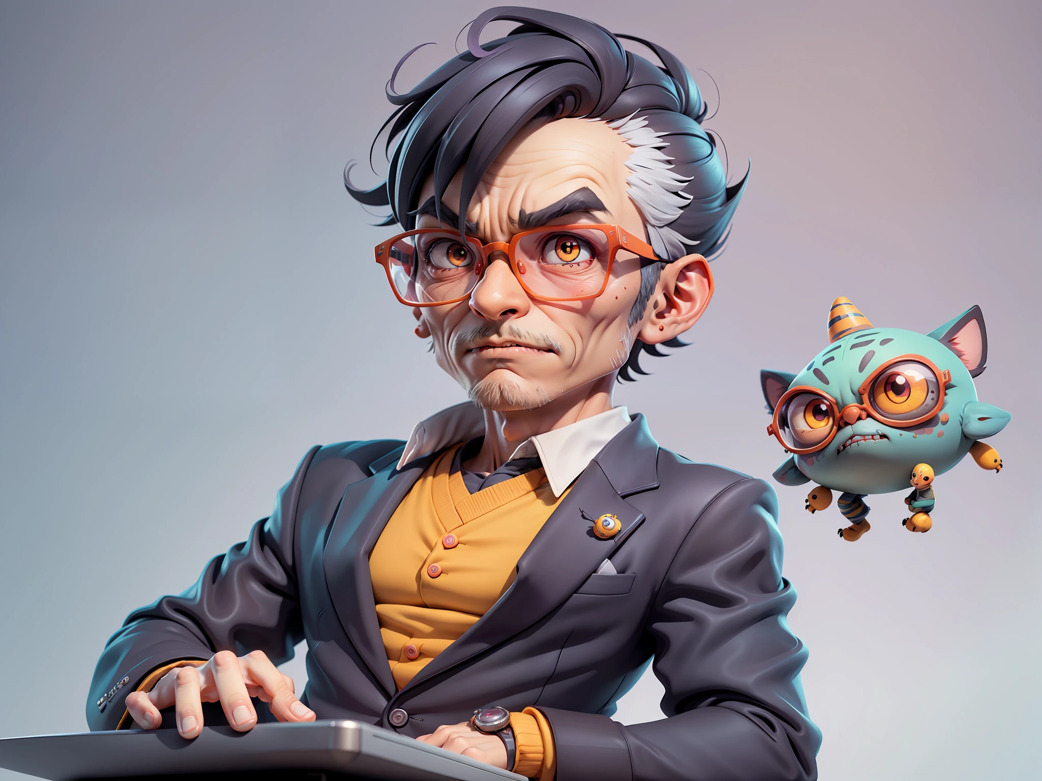 A young man in a suit, Short hair and glasses sat at his desk，holding laptop，digitial painting，tigre，3D character design by Mark Clairen and Pixar and Hayao Miyazaki and Akira Toriyama，4K HD illustration，Very detailed facial features and cartoon-style visuals。