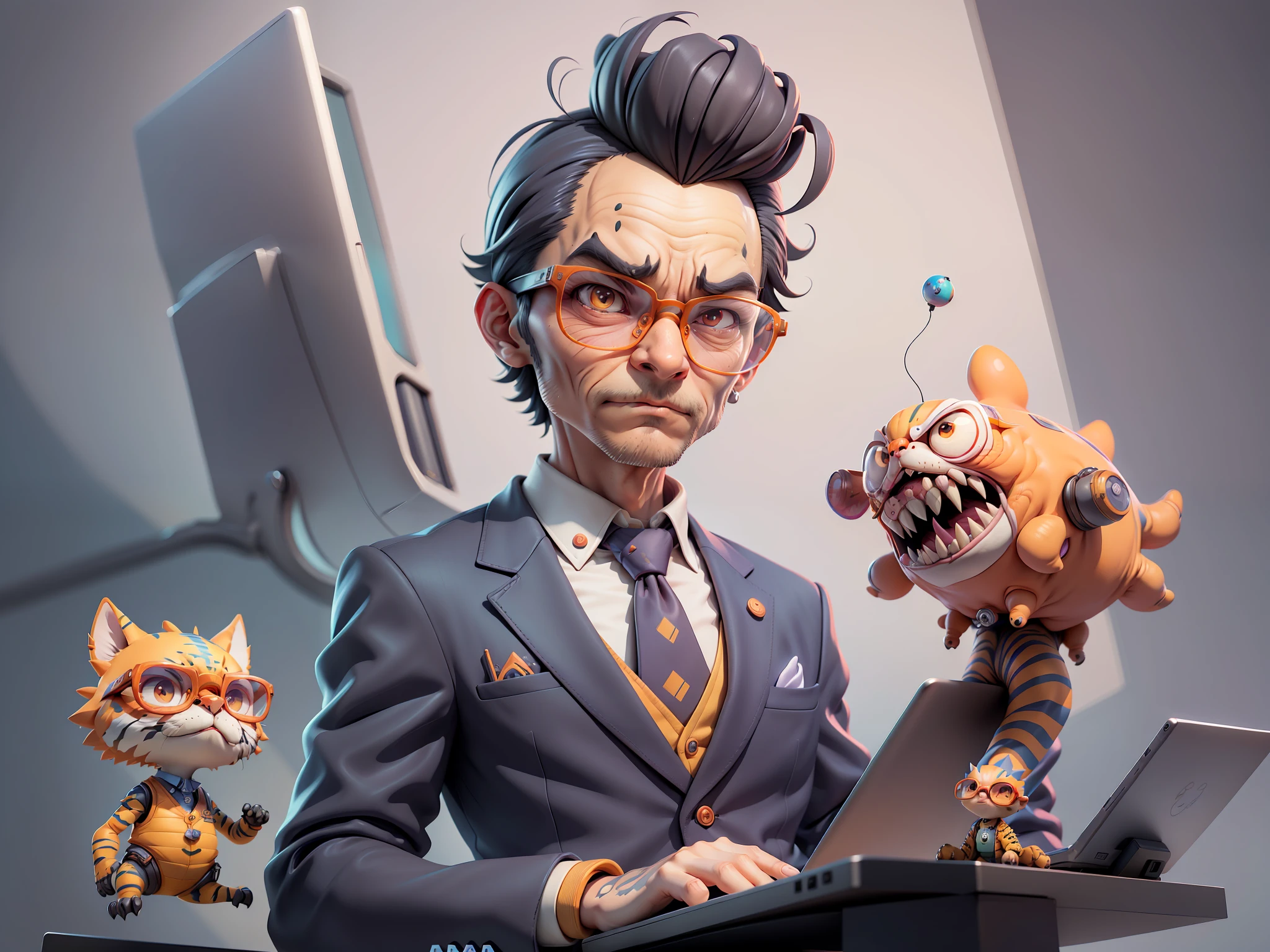 A young man in a suit, Short hair and glasses sat at his desk,holding laptop,digitial painting,tigre,3D character design by Mark Clairen and Pixar and Hayao Miyazaki and Akira Toriyama,4K HD illustration,Very detailed facial features and cartoon-style visuals。