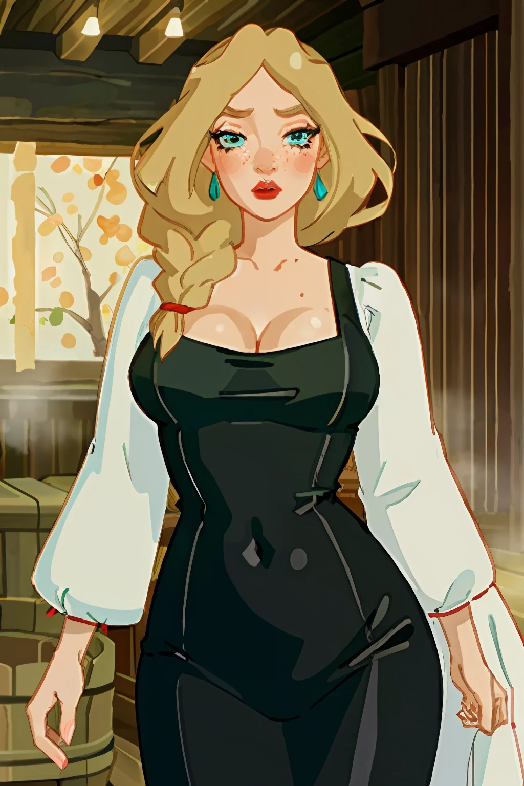 (masterpiece, best quality, 1girl:1.2, solo:1.3, illustration), nastasya, makeup, lipstick, freckles, red lips, long braid, blond hair, turquoise eyes, cowboy shot, looking at viewer, droplets of sweat, sauna, cleavage, flirting, modest, large breasts, large hips,