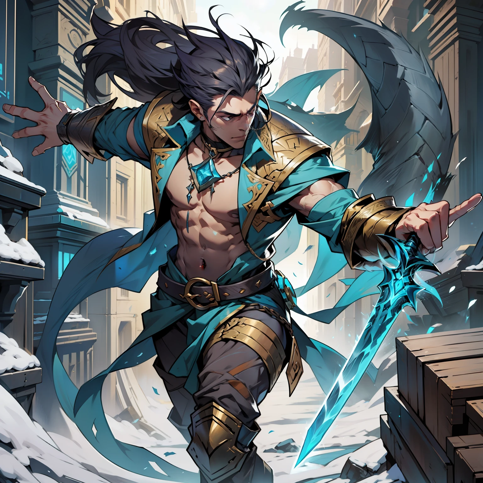Create a character inspired by Sylas from League of Legends, specifically his "Freljord Sylas" skin. The character should wield a long sword and wear rugged, open clothes in a Nordic fantasy setting.