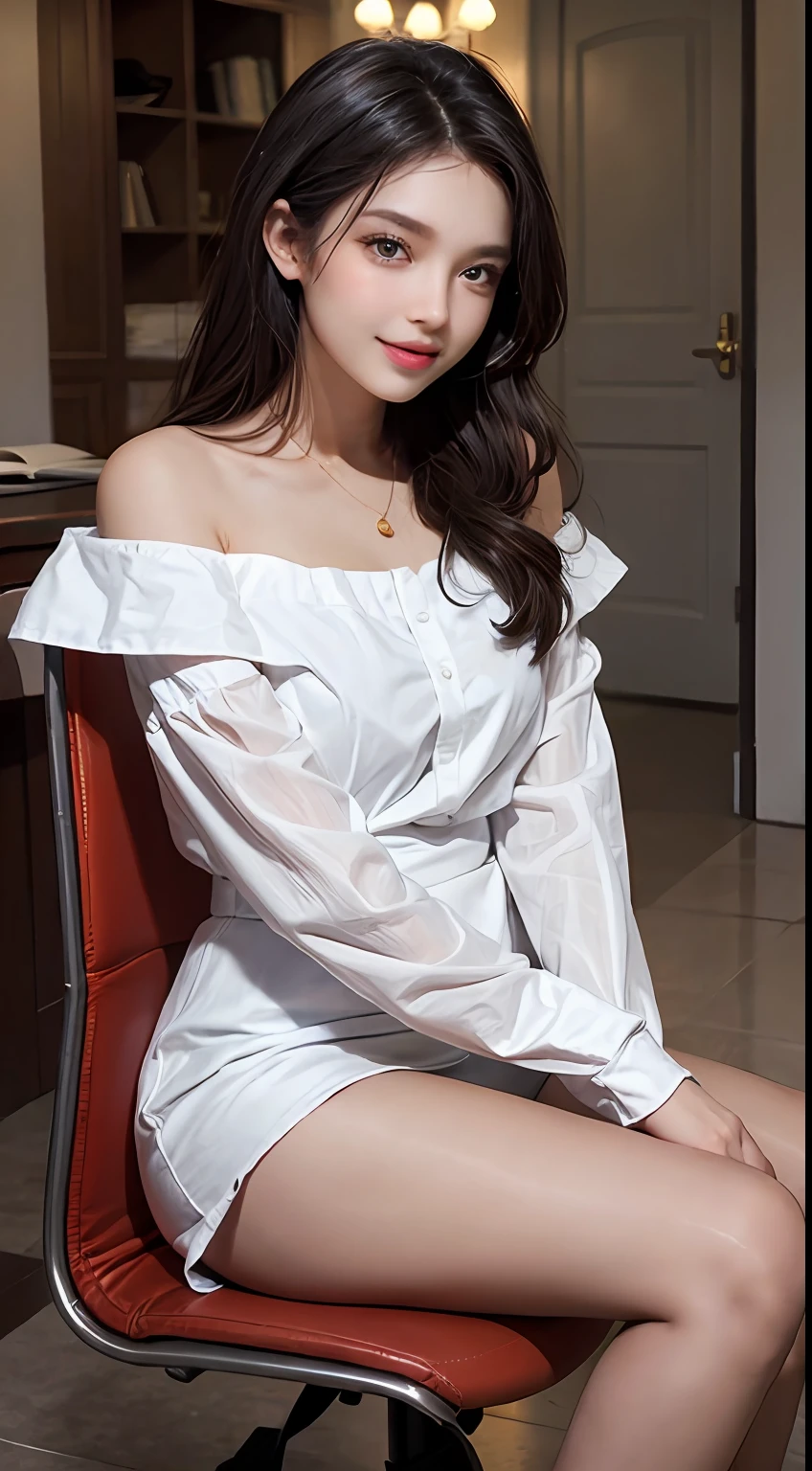 ((best qualtiy,8k,tmasterpiece:1.3)), 1girll, ssmile, full bodyesbian, sit on chair