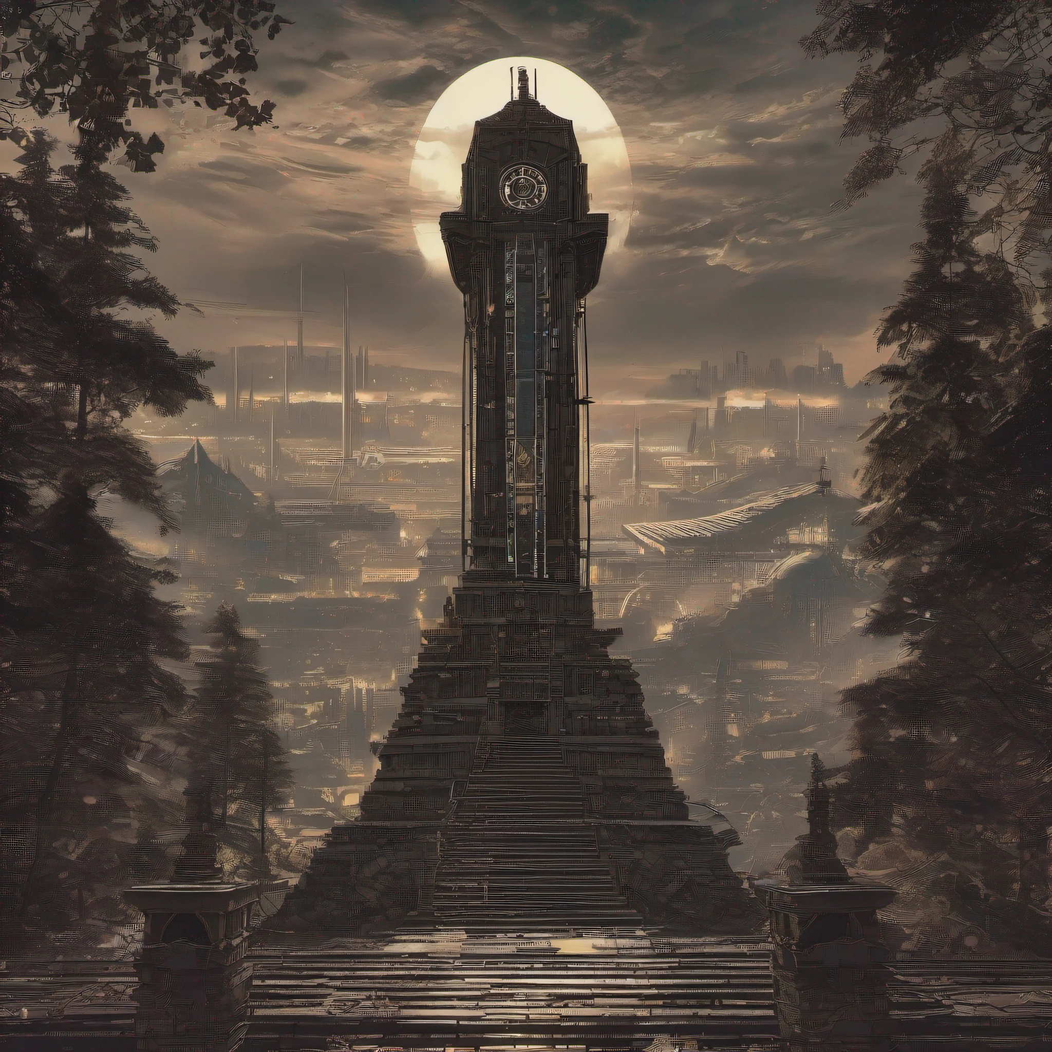 cyber punk perssonage,ln the forest,tall house,stone monument,extreme light,crosses,Sickle hammer,steampunc,
