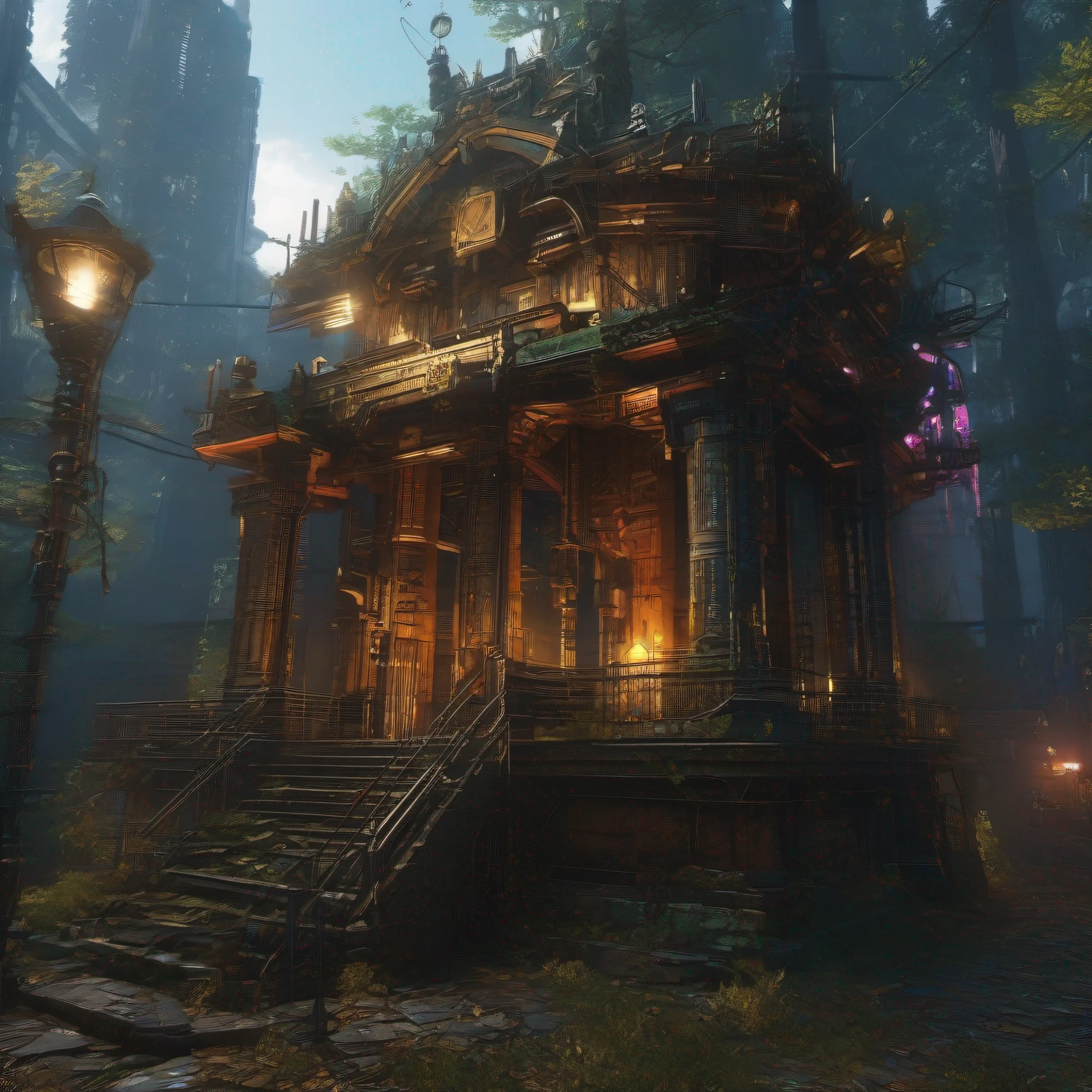 cyber punk perssonage,ln the forest,tall house,stone monument,extreme light,crosses,Sickle hammer,steampunc,