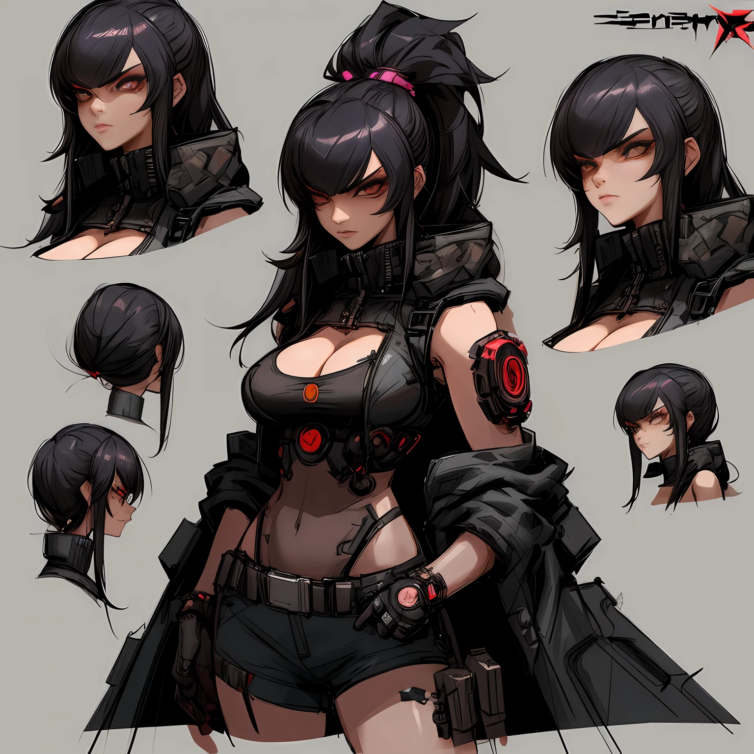 character concept art, character sheet art, sketch, game design, female character, one woman, serious-looking, cyberpunk, scavenger, cowboy high noon, badass, sensual cleavage, sexy, simple background, dark style, villain, masterpiece, detailed character, multiple views, details on outfit