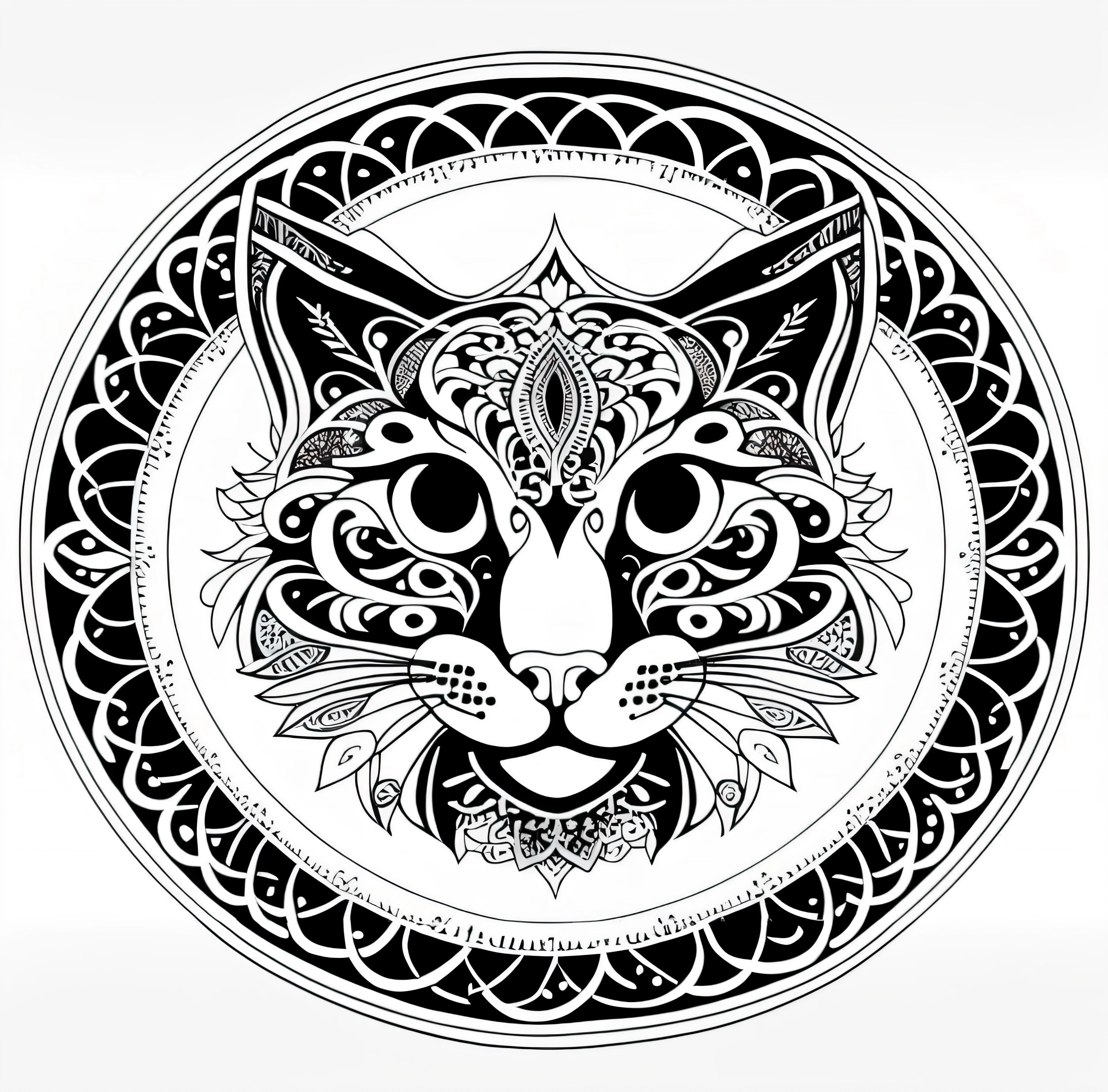 um desenho preto e branco do rosto de um gato em uma moldura circular, gato detalhado, coelho detalhado no meio, desenhos para colorir, coloring book page, arte de linha hiper detalhada, arte de linha fina, arte vetorial em preto e branco, arte a tinta, Illustration of intricate and bold paint, highly detailed and hypnotic, Linework altamente detalhado, arte de linha detalhada, pelo intrincado detalhado