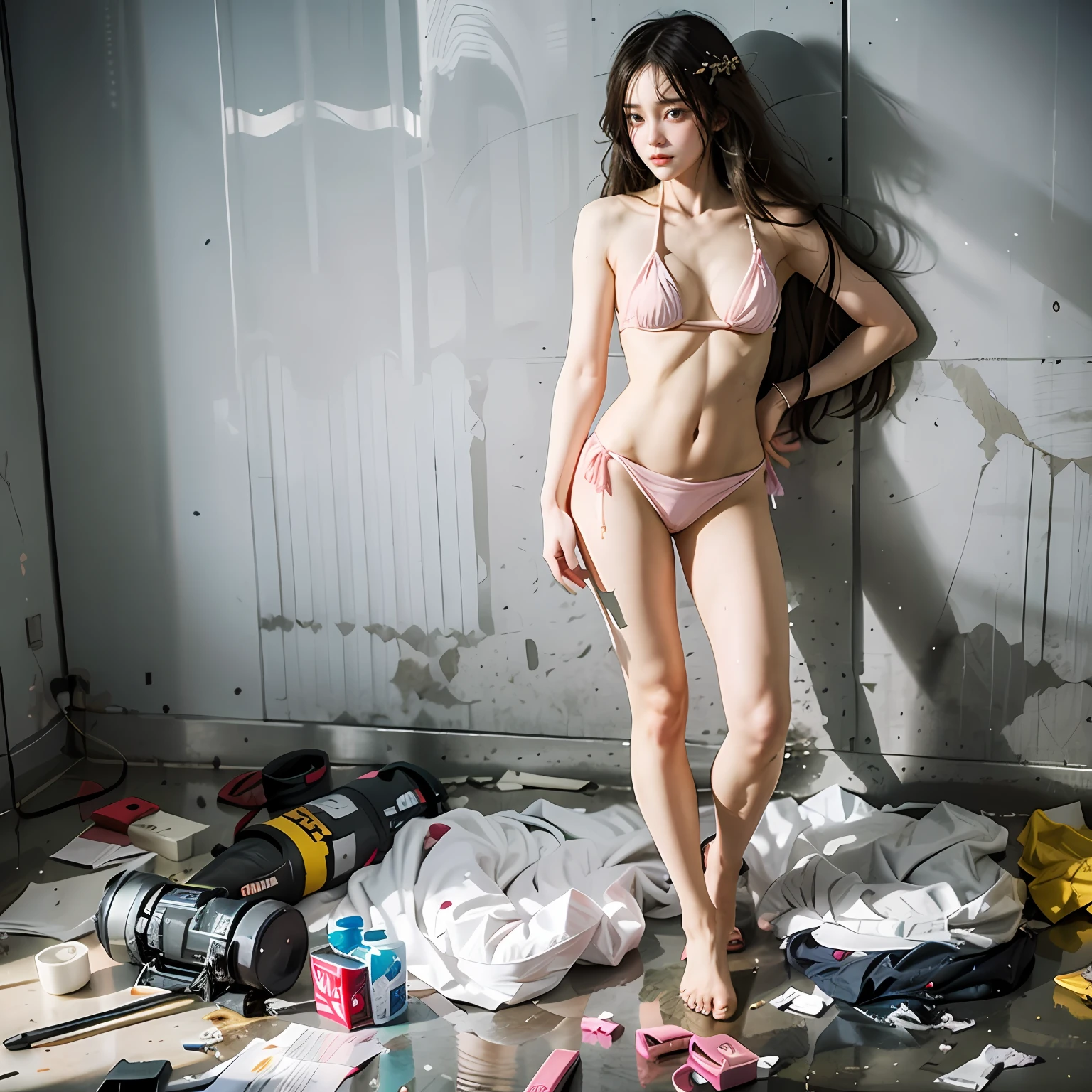 Standing in an abandoned classroom,legs are open,Garbage all over the ground,grimy, urinating, junk, tmasterpiece, Best quality at best, highly detailed,Small pink bikini,cropped shoulders,revealing the lower abdomen,revealing breasts,Leaking the genitals,showing butt,scruffy,Abandoned,Naked body,of a shirtless,Masterpiece,best qualtiy,A Korean beauty,Extreme image quality
