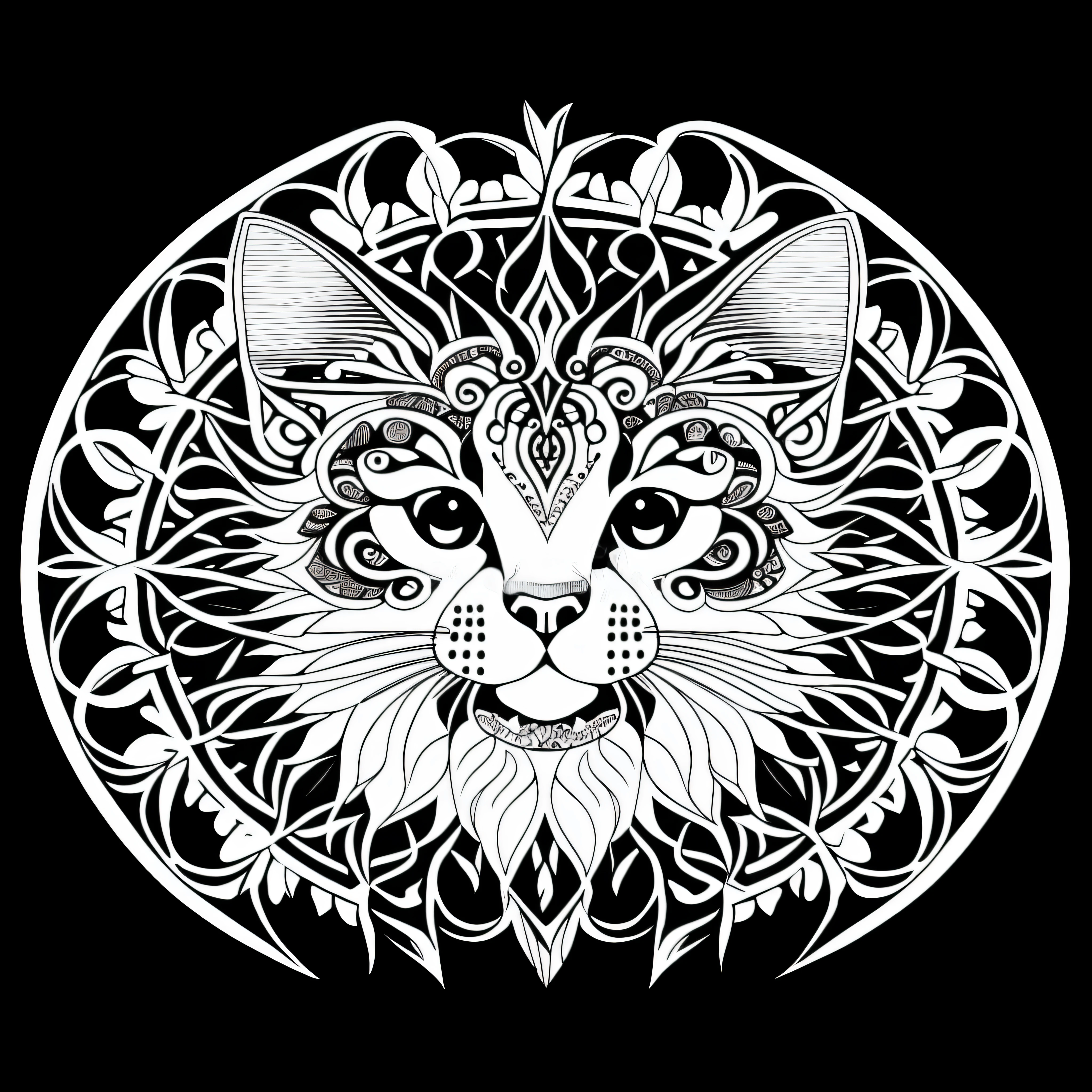 um desenho preto e branco de um gato com um design floral, gato detalhado, arte vetorial em preto e branco, black and white coloring, arte detalhada, coelho detalhado no meio, desenhos para colorir, intrincado, pelo intrincado detalhado, Alex Gato Cinza, desenhos para colorir, highly detailed and hypnotic, Arte digital intrincada, anthropomorphic large maine coon, arte detalhada limpa