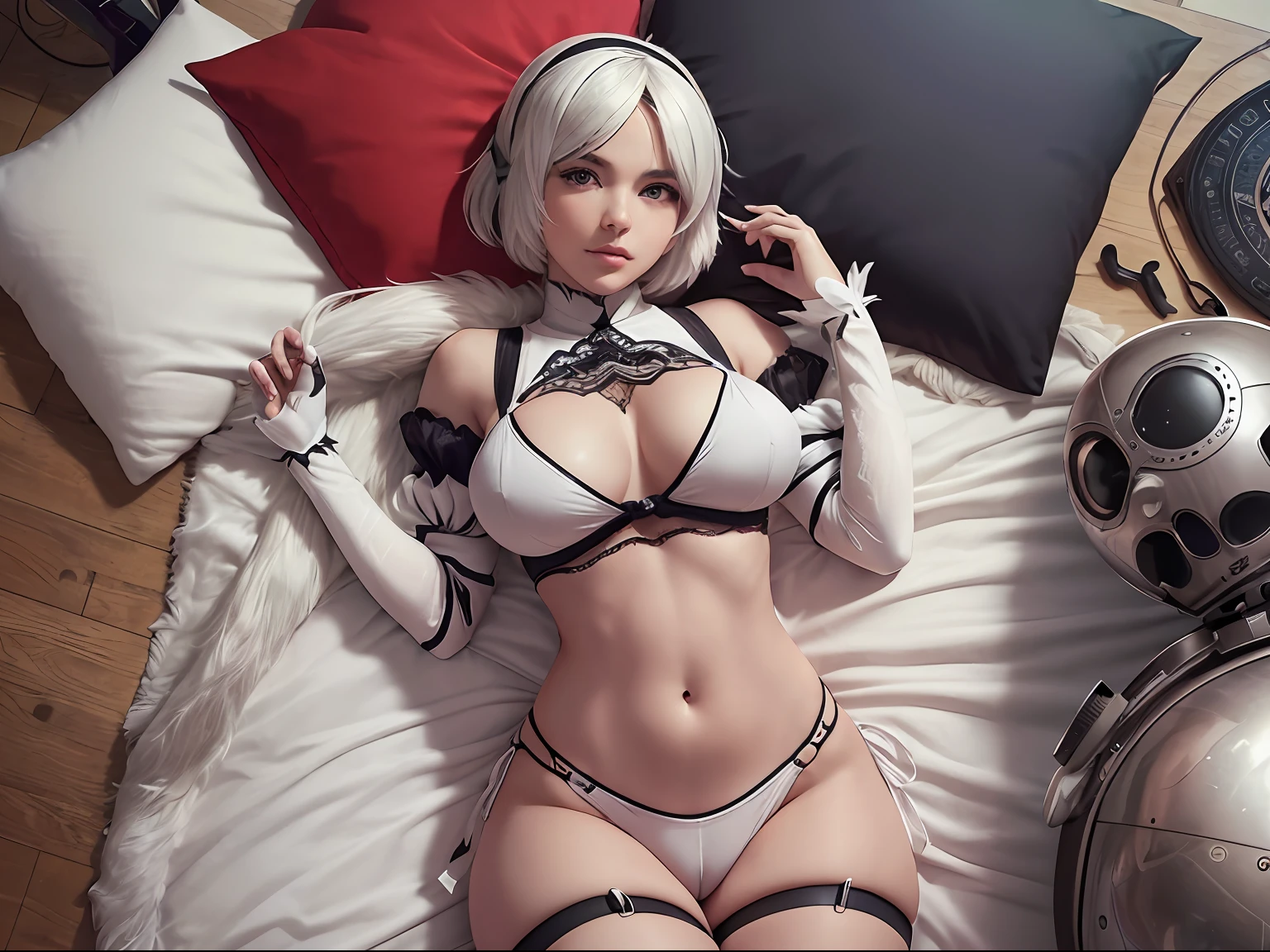 (((2b of Nier the automatons ))) (((pecho grande))) (((nalgas perfectas))) ,cuerpo perfecto,(Pecho grande) (pose caliente),retrato de cuerpo entero ((acostada en la cama)),(recostada ),Como estilo de renderizado de motor irreal, aesthetic, Sorprendentemente hermoso momento sincero,(((una chica full))) Vintage aesthetic body, cuerpo completo,en  ,35mm film feel, 16k, lumen –ar 9:16 –v 5.1 –q 2 –c 6 –raw ,Gran estilo, ((muslos torneados))) usa su ropa ajustada ((traje de novia)))(( vista desde arriba ))) aerial  view, acostada sobre la cama, cuerpo completo , cuerpo perfecto ,((2b)) CABELLO BLANCO VIENDOLE LAS NALGAS