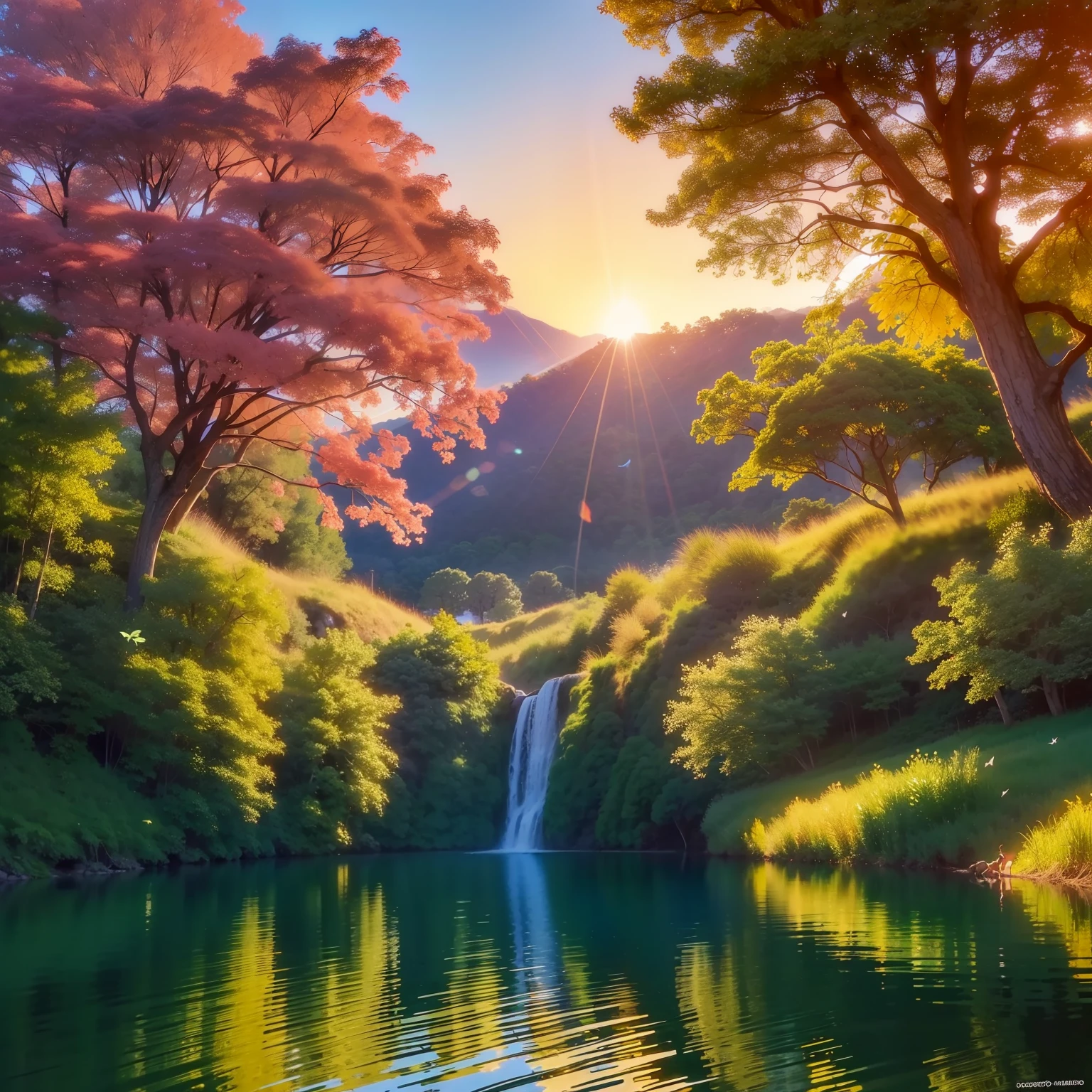 "Imagine a stunning work of art that celebrates the magnificent beauty of nature in all its splendor. Uma cena pitoresca e serena se desenrola, imersa na tranquilidade de uma floresta encantada.

A obra de arte retrata uma clareira ensolarada, where golden rays of sunshine filter through the treetops of leafy trees. The leaves of the trees create a kaleidoscope of green hues, que se misturam suavemente com os matizes quentes do sol poente.

No centro da clareira, A crystalline stream flows in soft murmurs, refletindo a paisagem ao seu redor. Small cascades create delicate strands of water that fall into serene pools, proporcionando uma melodia tranquilizante.

Flores silvestres desabrocham ao longo das margens do riacho, pintando a paisagem com cores vibrantes. Butterflies and dragonflies dance in the air, como se celebrassem a alegria da natureza.

A family of graceful deer emerges from the shadows of the trees, stopping to drink from the fresh water. His presence adds a sense of harmony and serenity to the scene.

in sky, The sunset paints a celestial palette of pink and orange tones, while soft, ethereal clouds float like moving sculptures.

The whole scene is enveloped by an aura of magic and mystery, como se a natureza estivesse prestes a revelar seus segredos mais profundos.