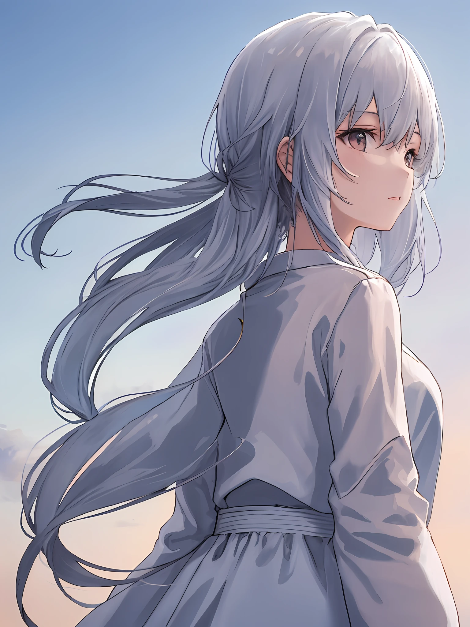 Single ponytail white-haired girl with her back to back and looking up at the sky Upper body
