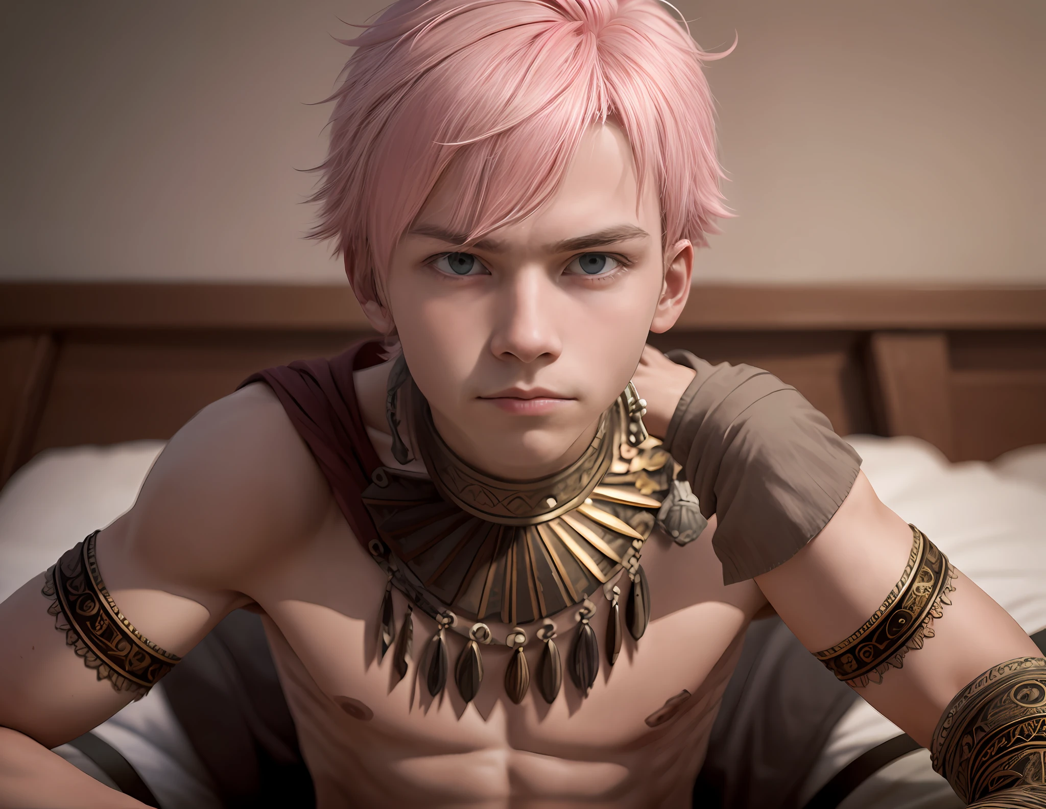 pink hair 15-year-old ager serious and thoughtful man , tiene cabello rosado oscuro ojos rojos, esta en el antiguo egipto se ven piramides y palacios3d, 1child,
