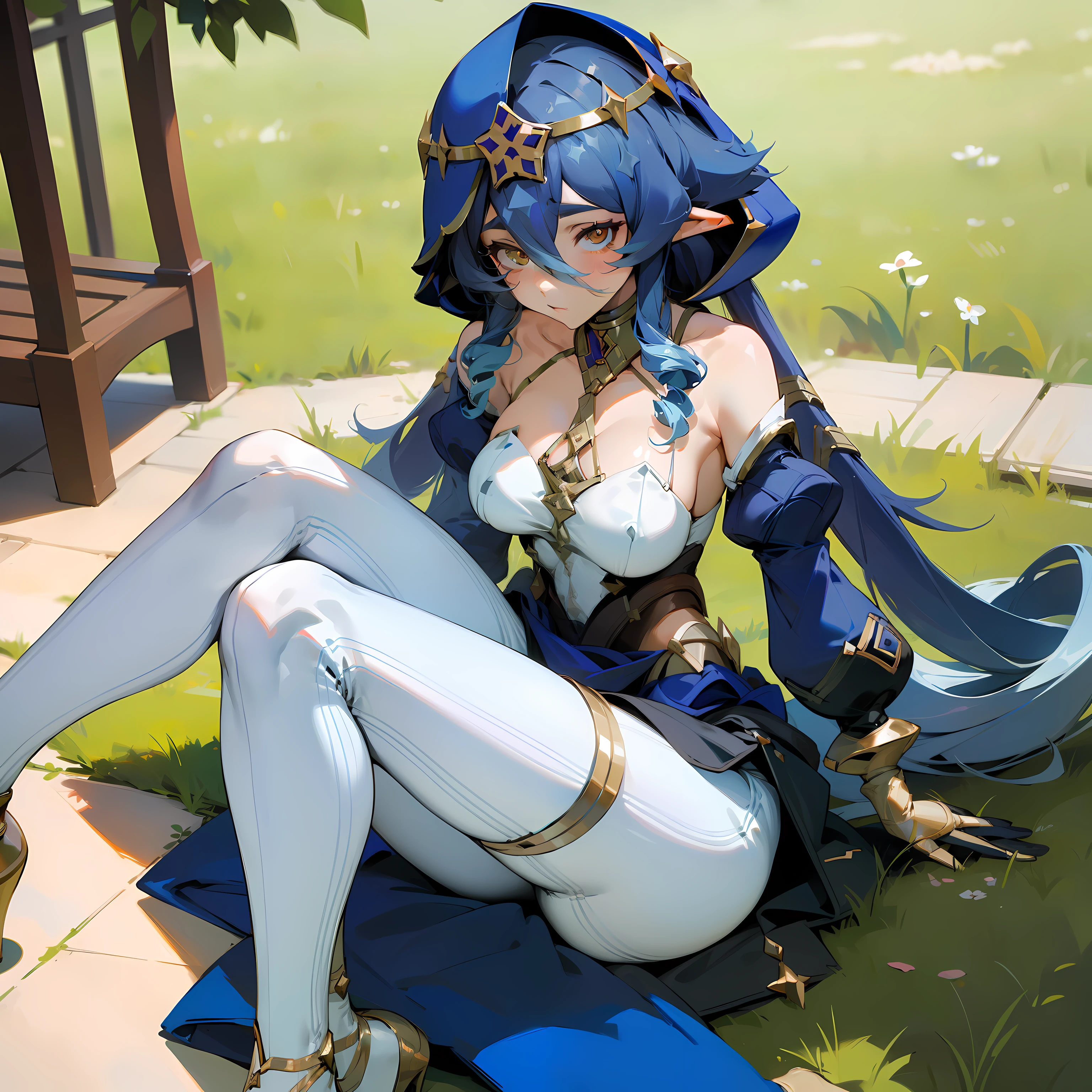 (masterpiece), best quality, expressive eyes, perfect face, w sitting,sitting on ground , legs on ground, big breast, good breast,laylarnd,layladef, both arms between legs