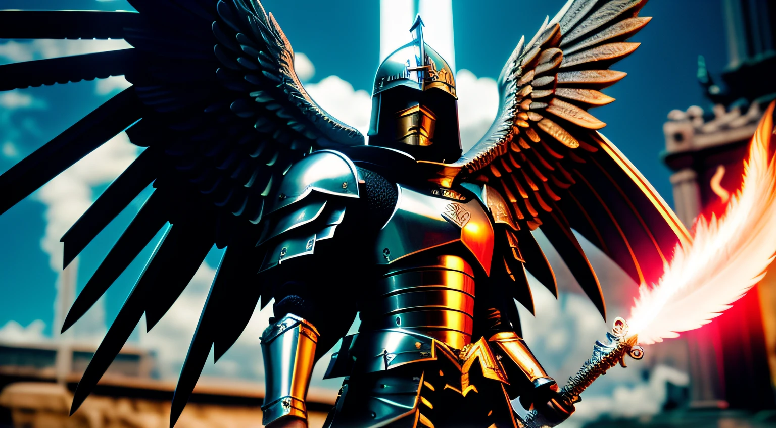 Arafad image dressed as an angel holding a sword, Angel in metal armor, armor angle with wing, Archangel, Anthropomorphic Lion Knight, wearing winged helmet, Warrior in metal owl armor, futuristic robot angel, toy photography, Archangel Michael, Metal wings, ares with heavy armor and sword, gothic knight, winged archer, avian warrior