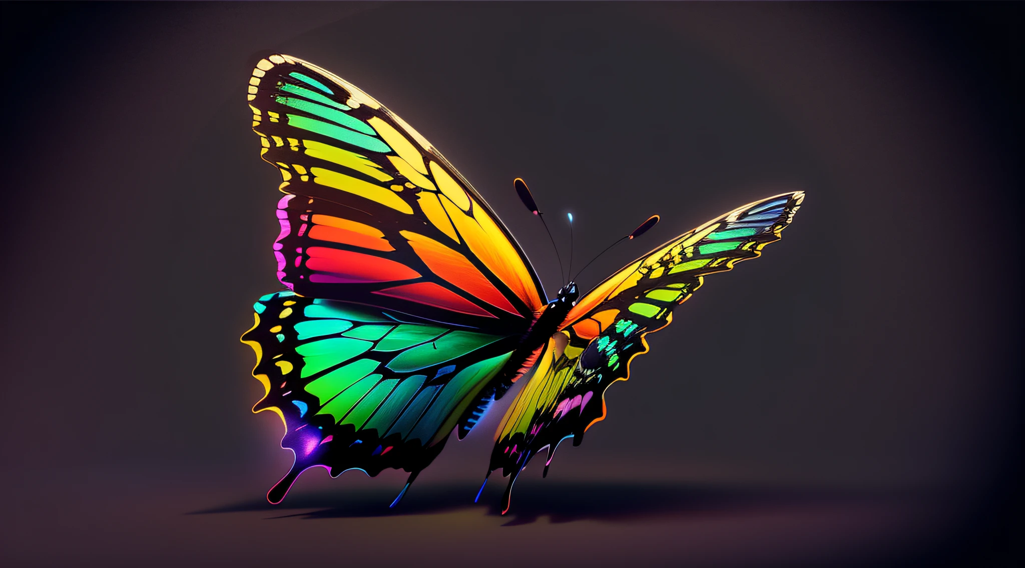 brightly colored butterfly with black background, butterfly, cinema 4d colorful render, colorful hd picure, 3d digital art 4k, beautiful gorgeous digital art, harmony of butterfly, beautiful digital art, detailed realistic colors, beautiful digital artwork, rainbow wings, very beautiful digital art, rendered illustration, gorgeous digital art, colorful digital painting, beautiful digital painting, digital art 4k