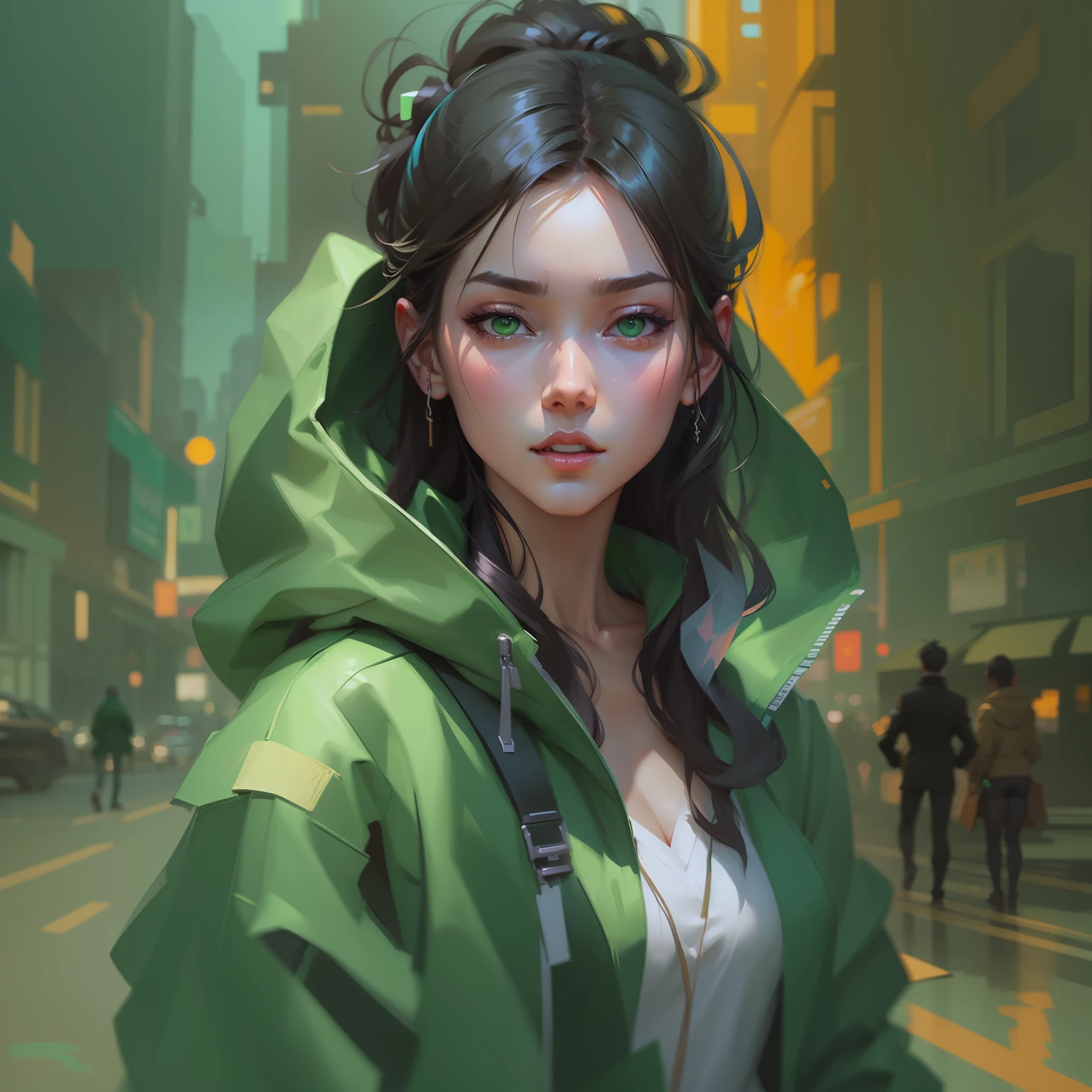Drawing of a woman with a green jacket, inspired by Yanjun Cheng, artwork in the style of guweiz, digital-painting style, by Yanjun Cheng, style digital painting, Rossdraw portrait, Gorgeous Digital Painting, beautiful digital painting, detailed portrait of an anime girl, stunning digital illustration, beautiful digital works of art, ross tran 8 k, stunning digital painting