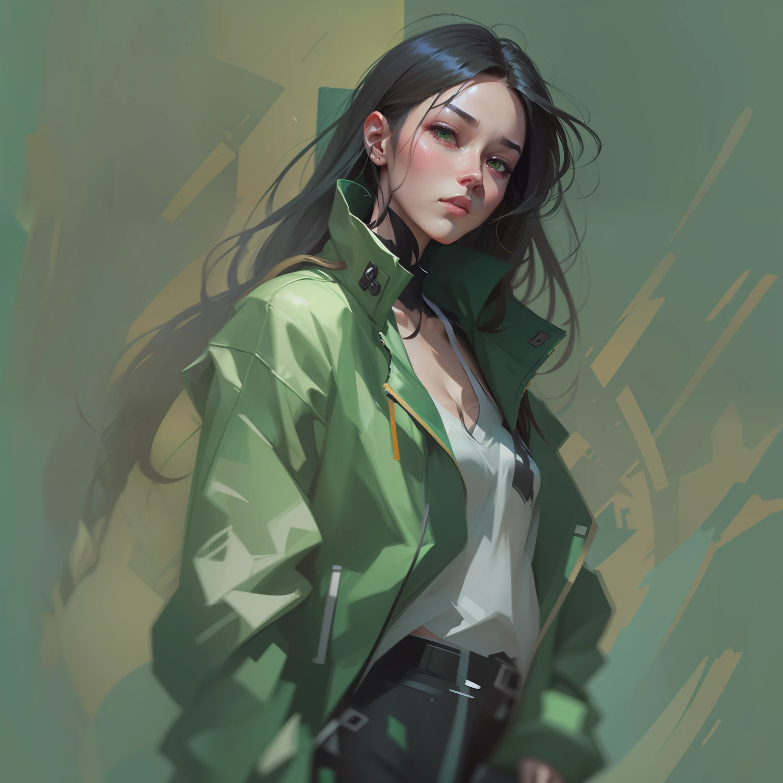 Drawing of a woman with a green jacket, inspired by Yanjun Cheng, artwork in the style of guweiz, digital-painting style, by Yanjun Cheng, style digital painting, Rossdraw portrait, Gorgeous Digital Painting, beautiful digital painting, detailed portrait of an anime girl, stunning digital illustration, beautiful digital works of art, ross tran 8 k, stunning digital painting