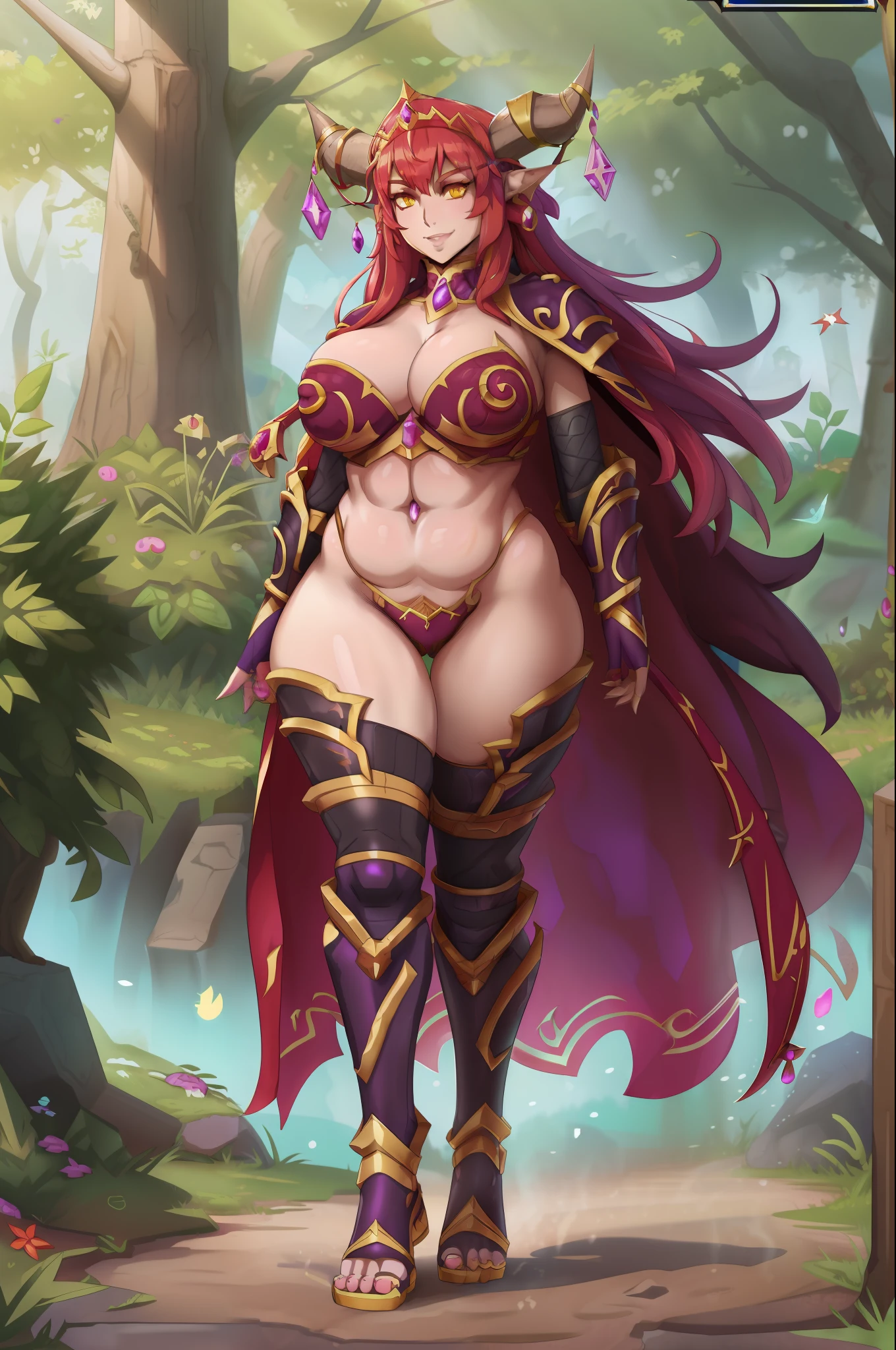 WOWAlexstrasza, couronne, cornes noires, World of Warcraft \ ( style\ ), debout, Bras sur les hanches en toute confiance, sourire, Armored bikini, Arms on the sides, Simple background of a forest,,, walking, full body, flipflops