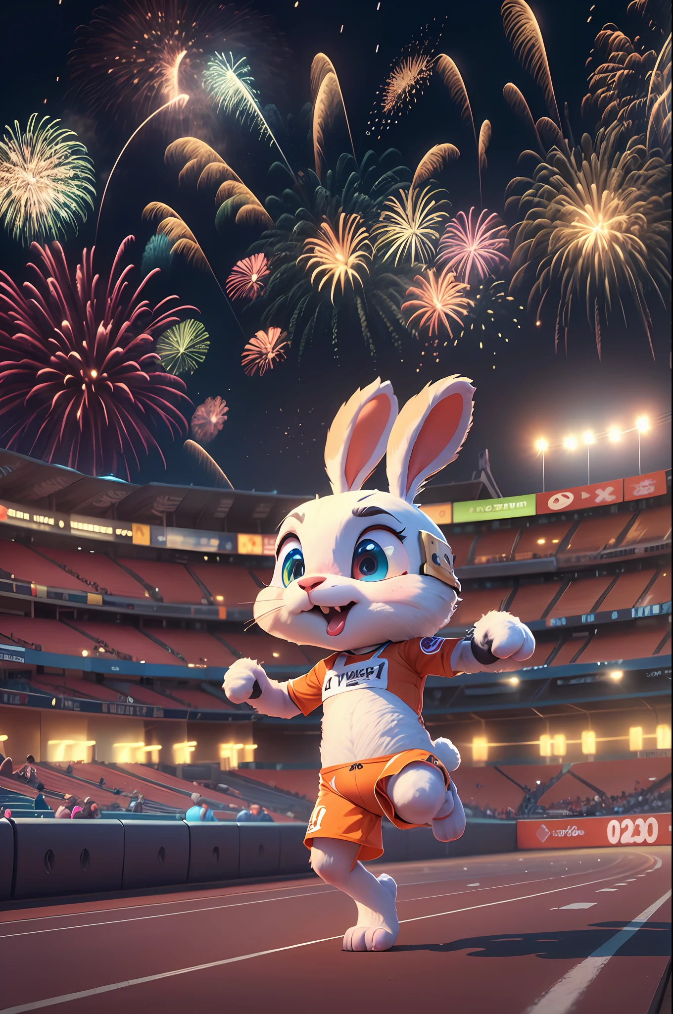 Summer night animal game, Long distance running champion cute rabbit athlete，Stadium, Fireworks, Wide-angle camera, Disney  style, 3d animation, UE5 engine, 8K