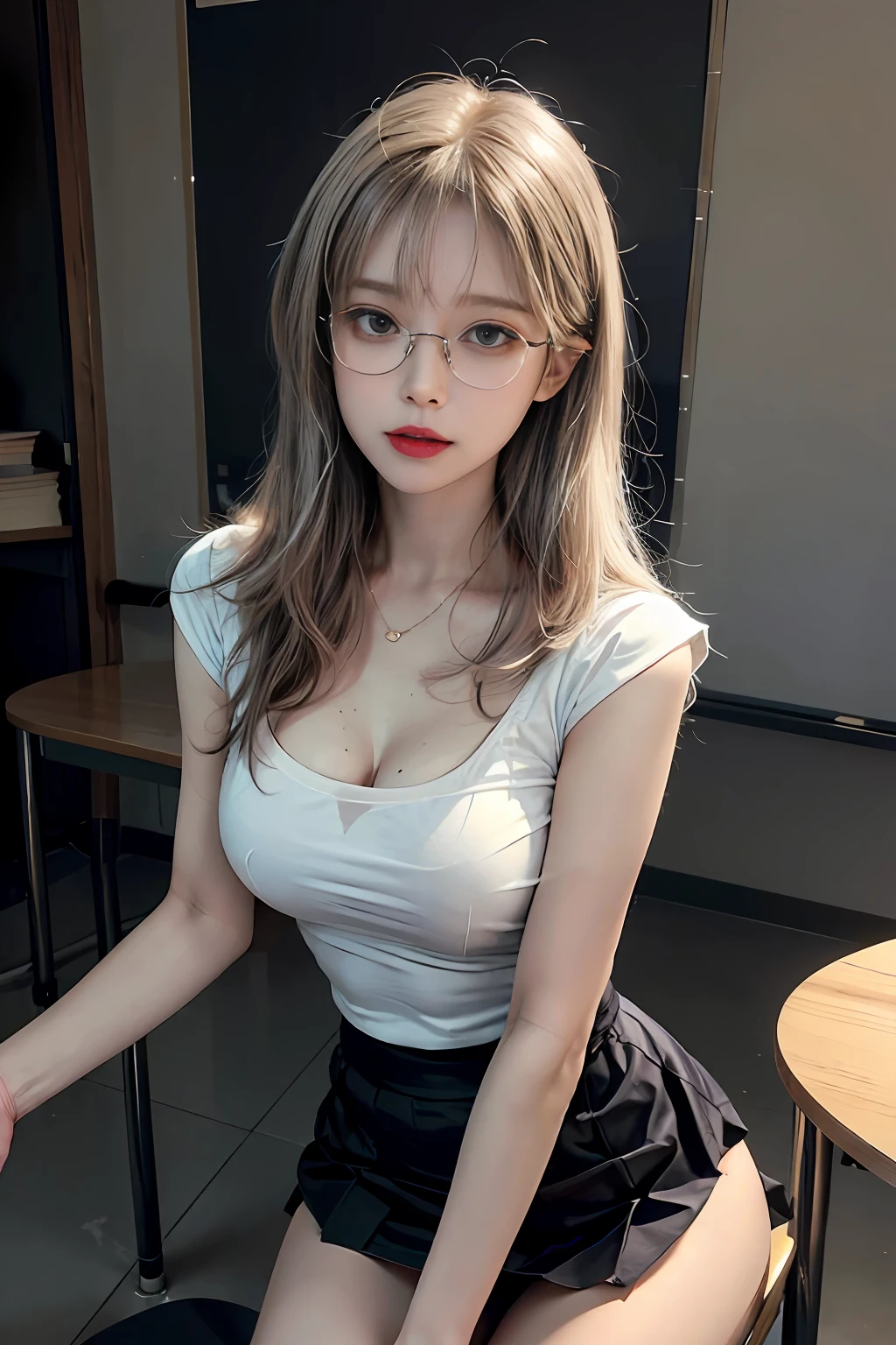 (8k, best quality, masterpiece:1,2), (realistic, photo-realistic:1,37), top quality, masterpiece, a beautiful woman, sexy teacher, sexy female teacher, tight and sexy work clothes, short skirt, round chest, wearing glasses, naughty look, background in a teaching classroom with stacked chairs and study tables