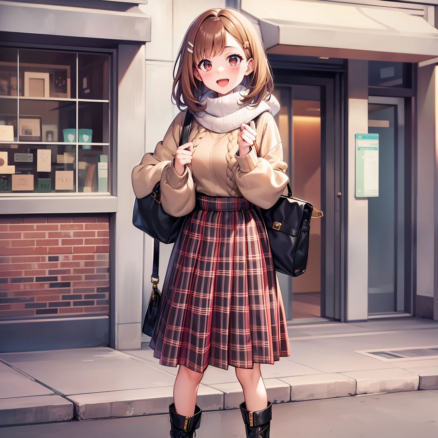Ochako, 1girl, solo, skirt, open mouth, bag, smile, full body, :d, green skirt, long sleeves, holding, plaid, looking at viewer, plaid skirt, boots, triangle, standing, holding bag, black footwear, high heels, orange background, long skirt, sweater, casual, high heel boots, bangs, blush, handbag, sidelocks