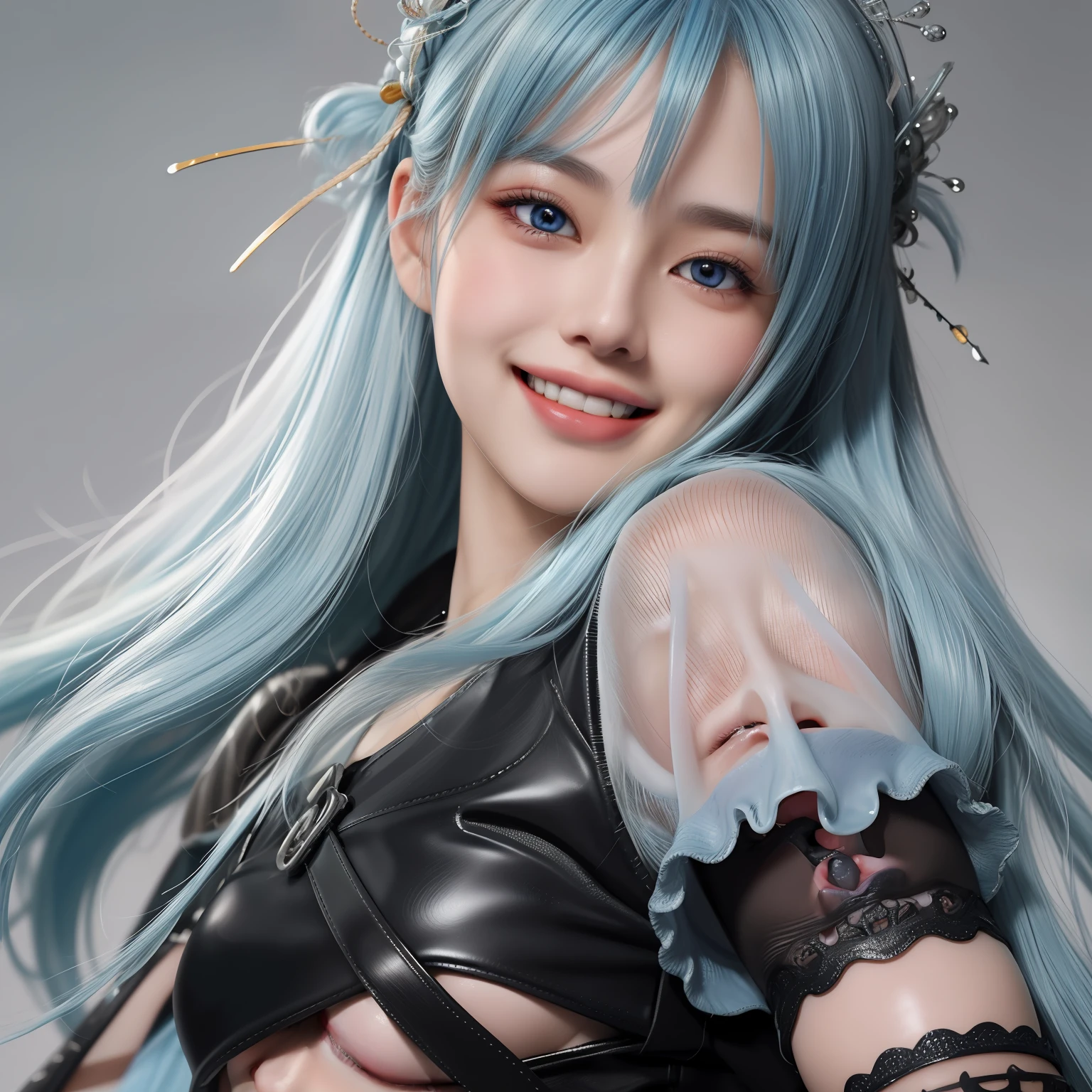 high-level image quality。hightquality。One beautiful beauty。Realistic texture。Realistic skin feeling。lifelike face。Light light blue hair。sharp outline。White teeth。Open mouth。a smile。The upper part of the body。
