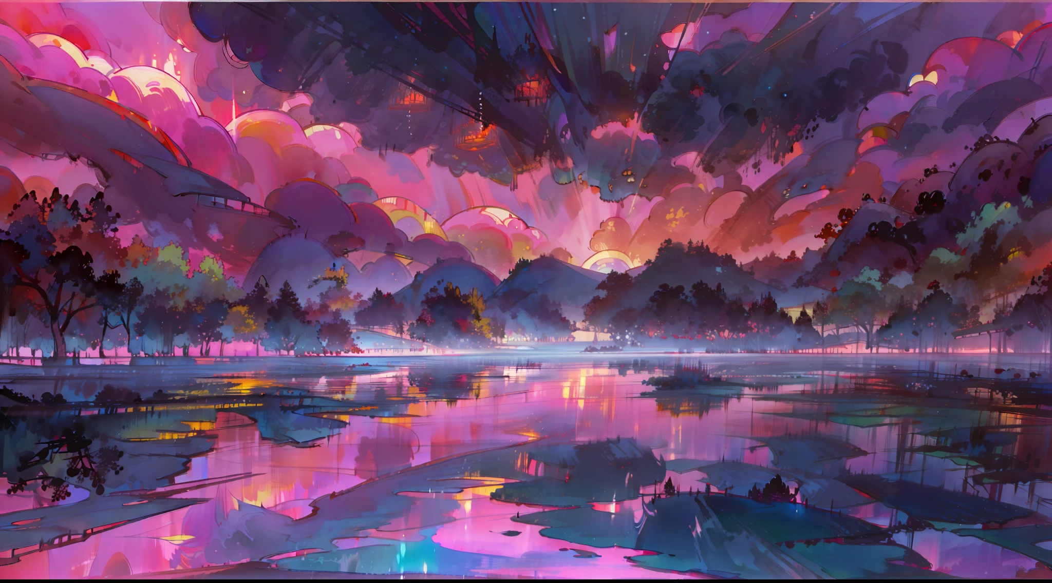 A surreal masterpiece，It presents a beautiful and spectacular view of dusk。Lakes and trees form the background，Accompanied by colorful sunsets and fantastic sky reflections。The beautiful sky blends in with the color of the lake，It's like a flame。This 8K picture creates a fantastic atmosphere，Colorful clouds are suspended in it，Create surreal visual experiences