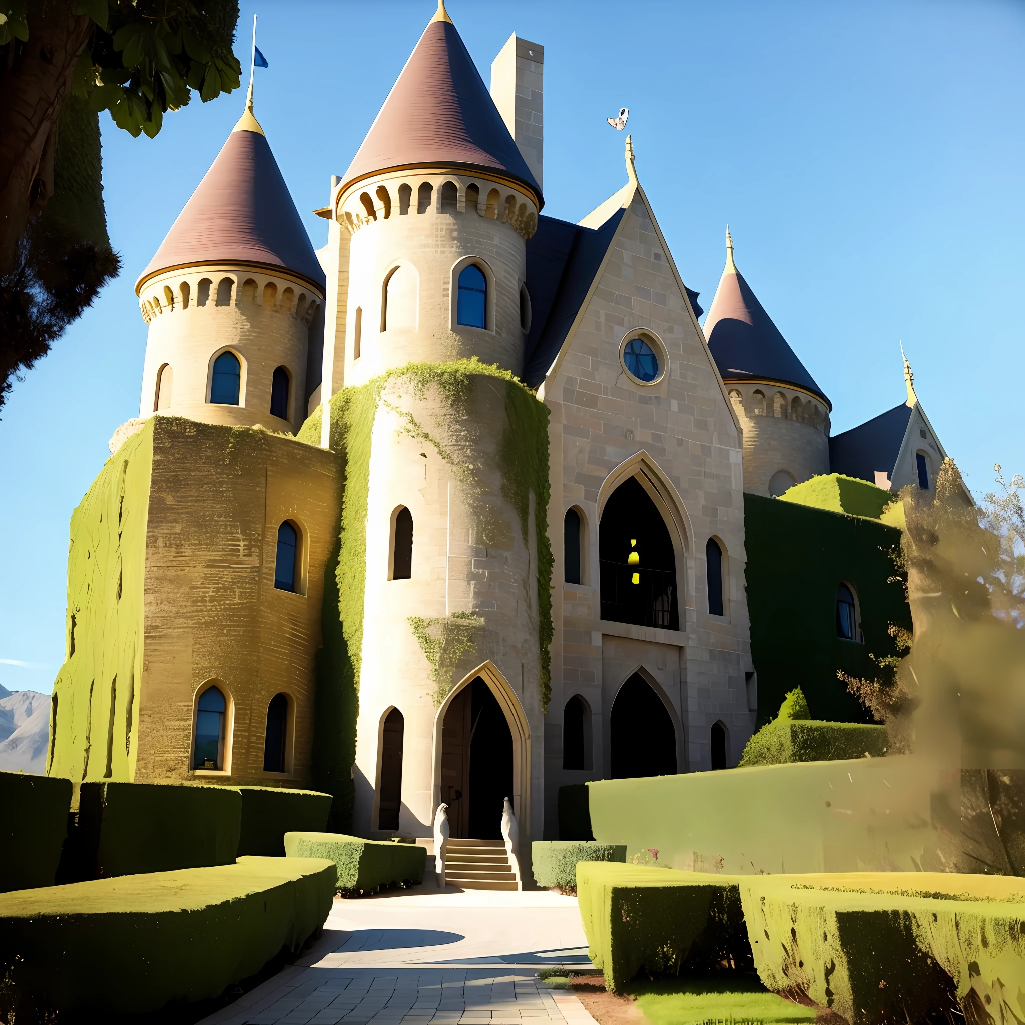 Shadowy castle with an owl at the gate high on a mountain