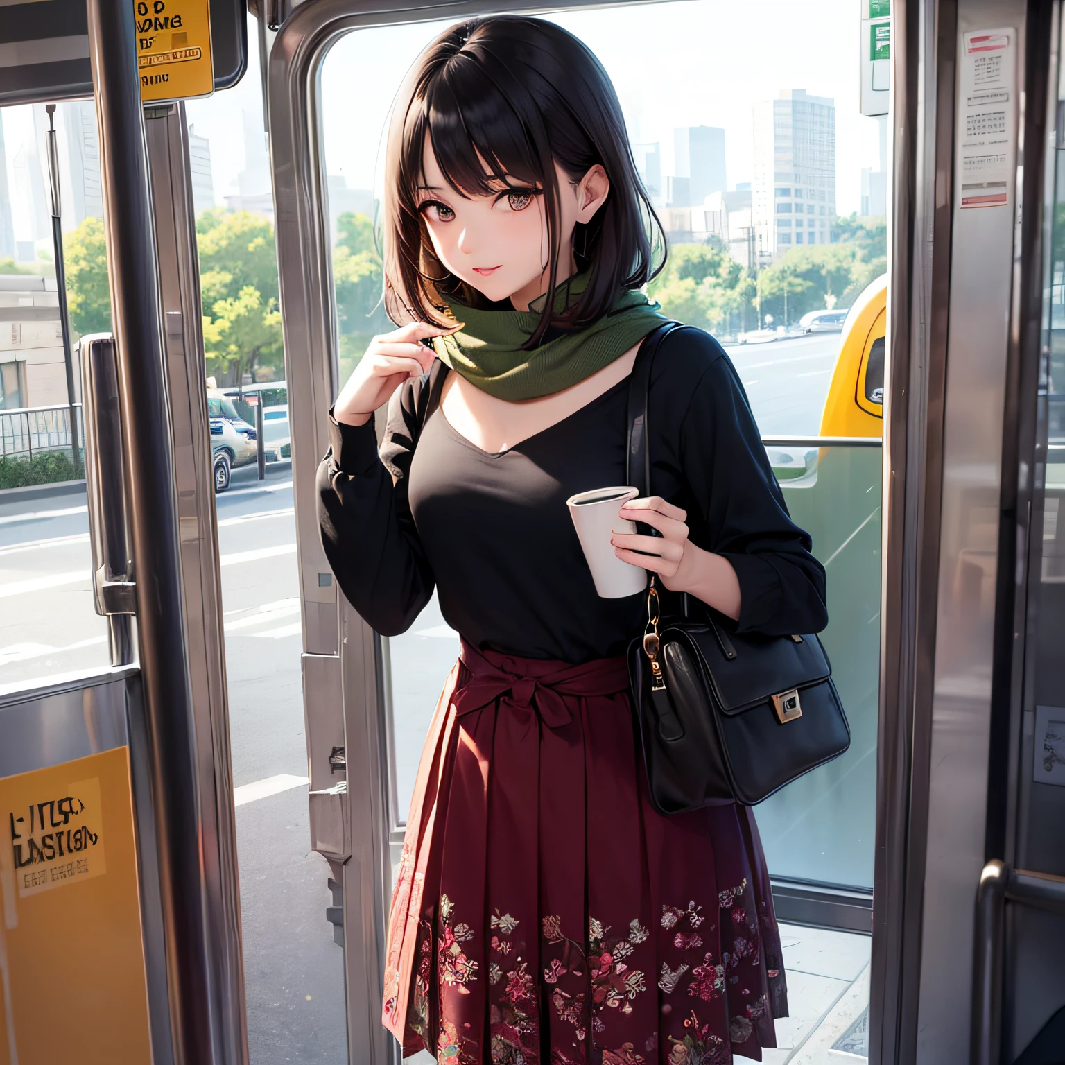 (masterpiece, best quality, beautiful anime art:1.4), urban_realism:1.4, public_transit, solo_traveler, independent_spirit, mid-shot, waist_up, slender_figure, elegant_posture, graceful_hands, shoulder_length_curls, side_swept_bangs, hair_clip, calm_expression, subtle_smile, mysterious_hazel_eyes, fair_complexion, vintage_inspired_dress, floral_print, pleated_skirt, puffed_sleeves, belted_waist, vintage_brooch, oversized_sunglasses, fringed_scarf, leaning_against_window, holding_book, public_bus_interior, commuter_vibe, earth_tones, rust_olive_green, sunlight_streaming, play_of_shadows, rarely_used_tags, understated_elegance, urban_fashion, unconventional_style, independent_woman, vintage_touch, subtle_glamour, serene_beauty, urban_realism, public_transportation, eclectic_wardrobe