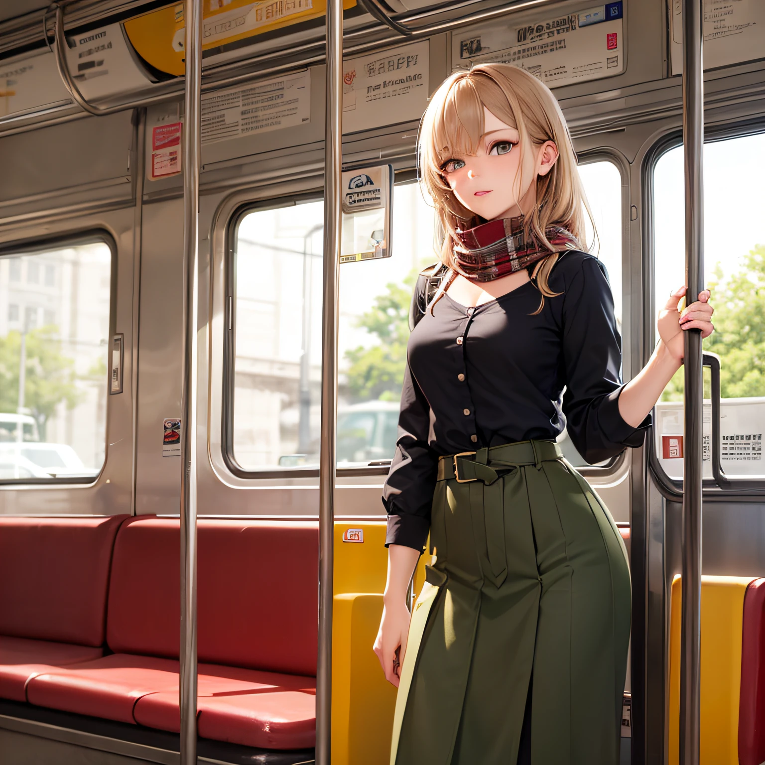 (masterpiece, best quality, beautiful anime art:1.4), urban_realism:1.4, public_transit, solo_traveler, independent_spirit, mid-shot, waist_up, slender_figure, elegant_posture, graceful_hands, shoulder_length_curls, side_swept_bangs, hair_clip, calm_expression, subtle_smile, mysterious_hazel_eyes, fair_complexion, vintage_inspired_dress, floral_print, pleated_skirt, puffed_sleeves, belted_waist, vintage_brooch, oversized_sunglasses, fringed_scarf, leaning_against_window, holding_book, public_bus_interior, commuter_vibe, earth_tones, rust_olive_green, sunlight_streaming, play_of_shadows, rarely_used_tags, understated_elegance, urban_fashion, unconventional_style, independent_woman, vintage_touch, subtle_glamour, serene_beauty, urban_realism, public_transportation, eclectic_wardrobe