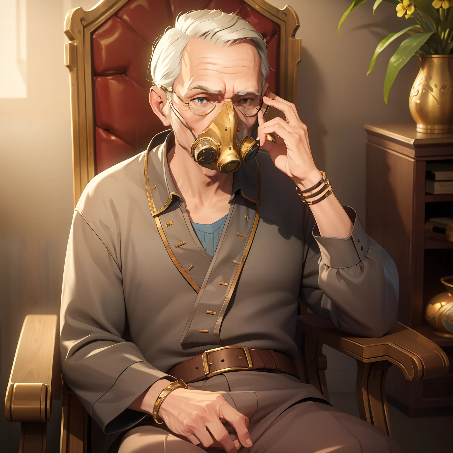 An old man sitting in a comfortable chair, wearing a bracelet on the neck attached to the technological mask in the mouth
