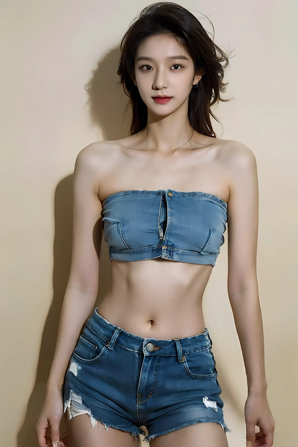 Best Quality, Masterpiece, Ultra High Resolution, (Realistic: 1.4), Original Photo, Official Art, Wallpaper, Bust Photo, Skin, Simple Background, Black Eyes, Details, Fingers, 1 Girl,, Bandeau, Belly button, Ragged denim shorts, Breeze, Sunlight, Water Mist, Studio light,