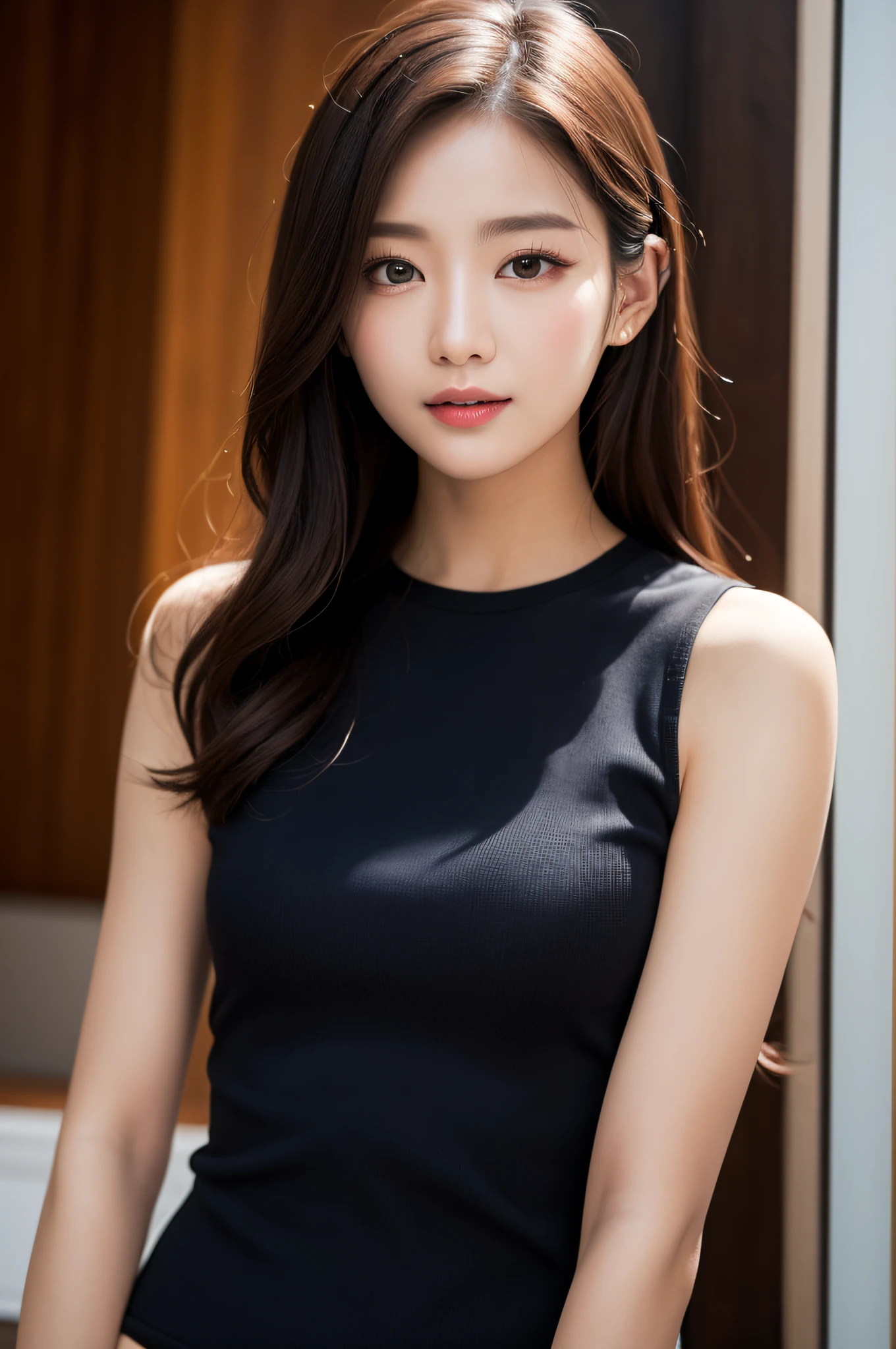 ((best qualtiy、8k masterpieces:1.3))、foco nítido:1.2、(ultra beautiful faces:1.0)、(Slender Abs Beauty:1.0)、(shinny skin:1.0)、photos realistic、A dark-haired、Video Lighting、High-definition eyes and face、Video Lighting、(cowboy  shot:1.3)、White swimwear、(Korean Cute Actress)、from the front side、medium large breasts、A slight smile、Sleeveless