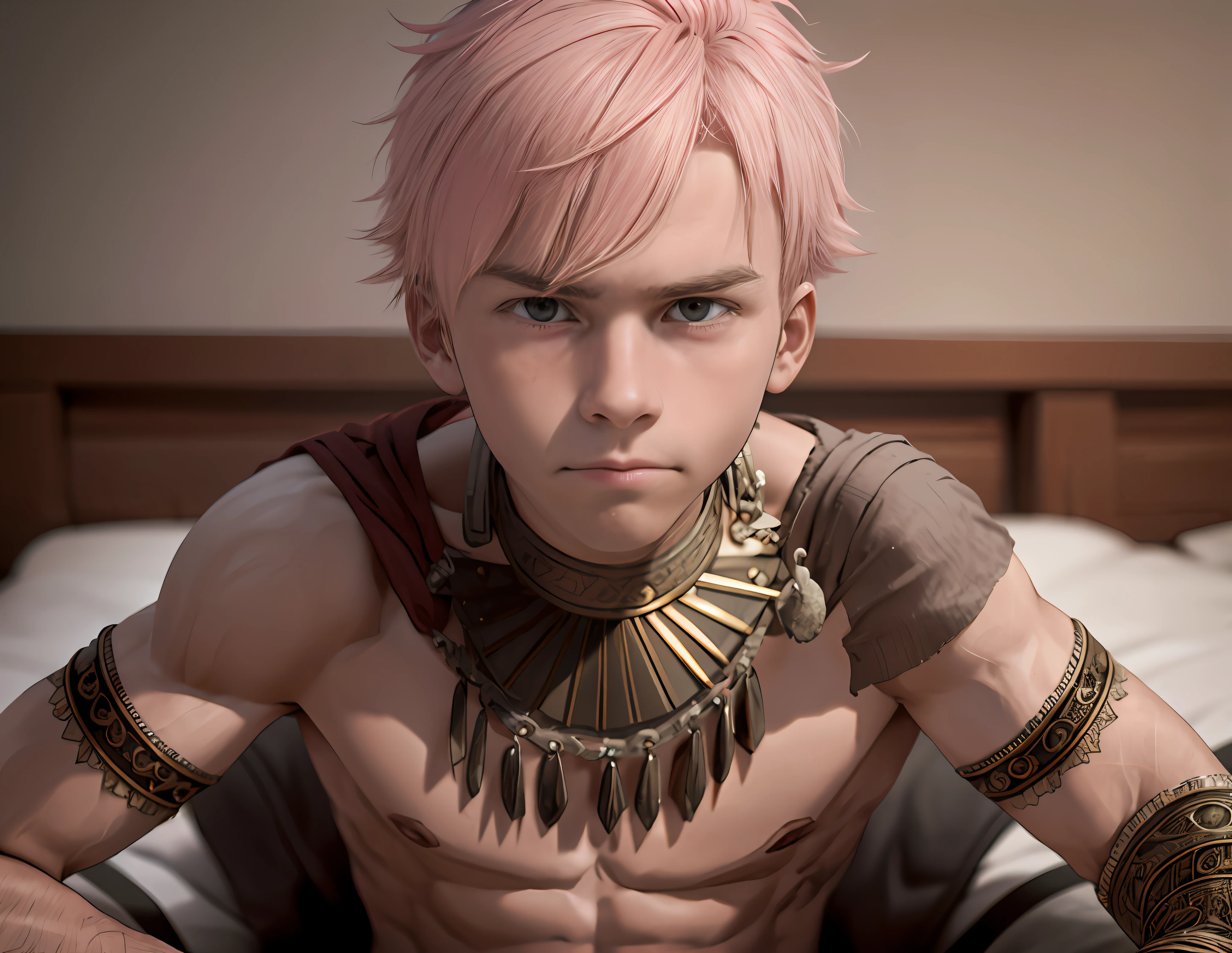 pink hair 15-year-old ager serious and thoughtful man , tiene cabello rosado oscuro ojos rojos, esta en el antiguo egipto se ven piramides y palacios3d, 1child,