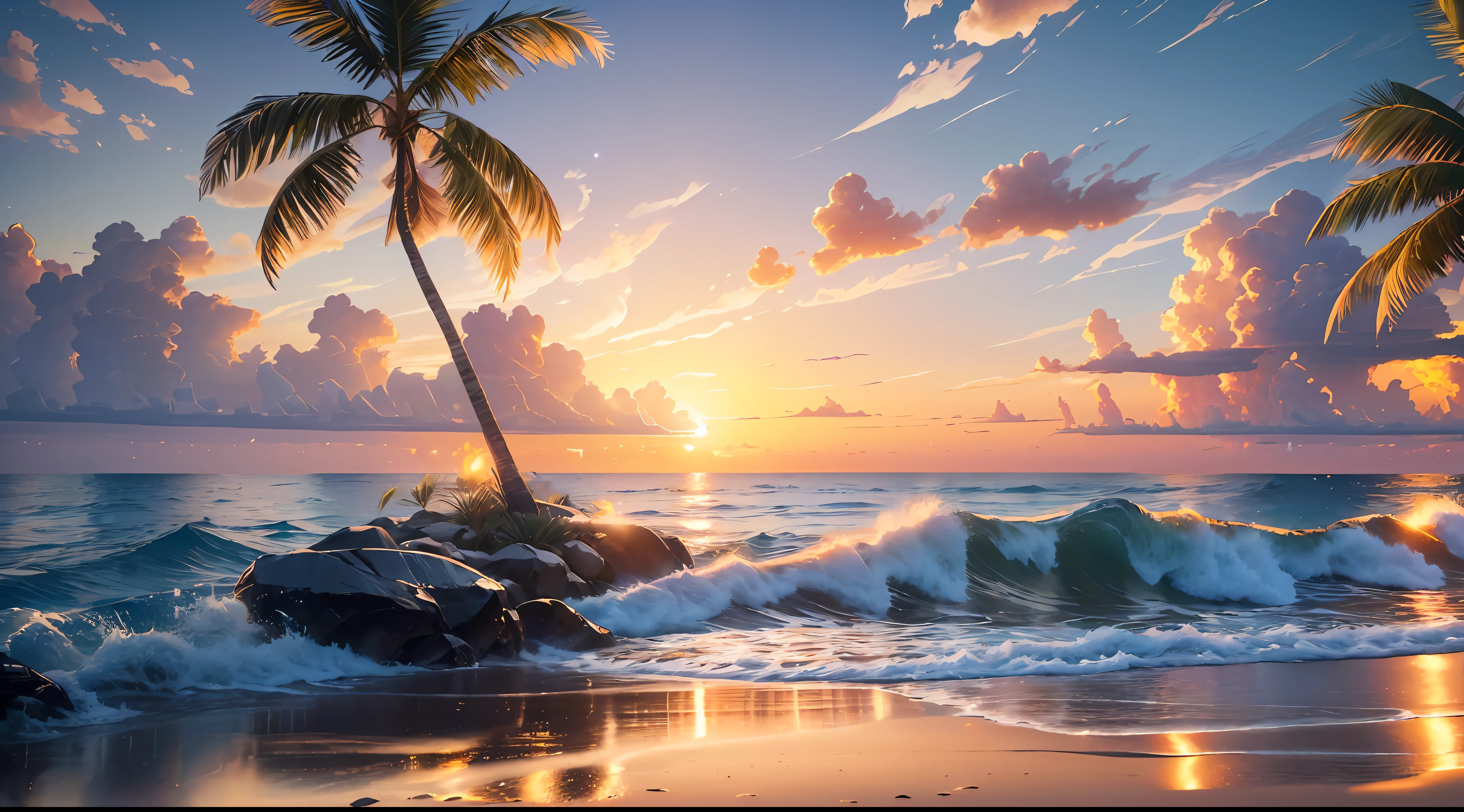 "(ultra-detailed CG unity 8k wallpaper, masterpiece, best quality, depth of field, HDR, intricate), (by Greg Rutkowski: 1.2), (make sense), Golden sunrise casting its warm glow on a tranquil beach with gentle waves and swaying palm trees, cinematic, dynamic lighting, highly detailed, (no human)."