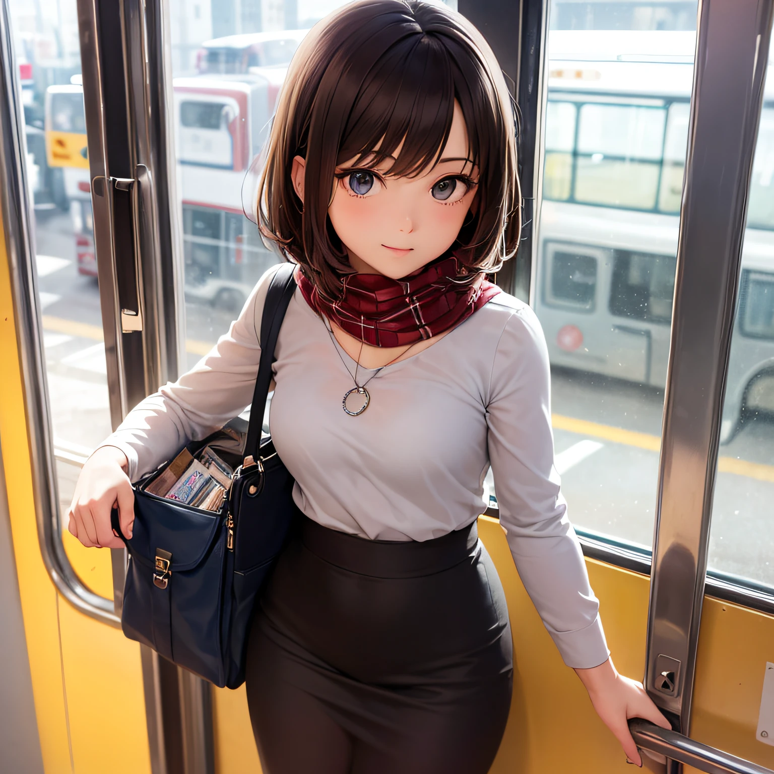 (masterpiece, best quality, beautiful anime art:1.4), urban_realism:1.4, public_transit, solo_traveler, independent_spirit, mid-shot, waist_up, slender_figure, elegant_posture, graceful_hands, shoulder_length_curls, side_swept_bangs, hair_clip, calm_expression, subtle_smile, mysterious_hazel_eyes, fair_complexion, eclectic_fashion, asymmetrical_hemline, draped_fabric, vintage_brooch, oversized_sunglasses, fringed_scarf, leaning_against_window, holding_book, public_bus_interior, commuter_vibe, earth_tones, rust_olive_green, sunlight_streaming, play_of_shadows, rarely_used_tags, understated_elegance, urban_fashion, unconventional_style, independent_woman, vintage_touch, subtle_glamour, serene_beauty, urban_realism, public_transportation, eclectic_wardrobe