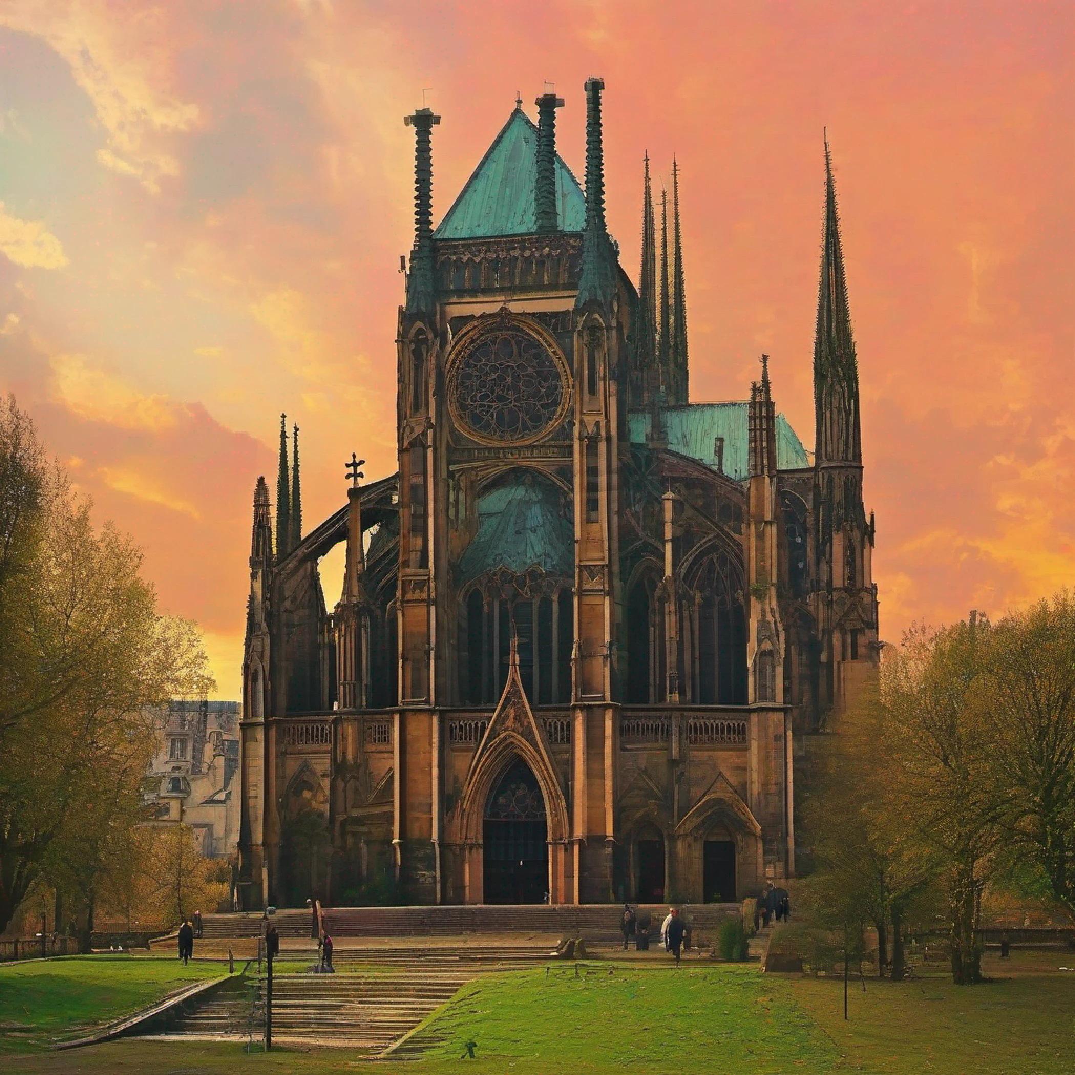 cyber punk perssonage,steampunc,tall house,stone monument,Huge cross,of Notre Dame Cathedral,mossy